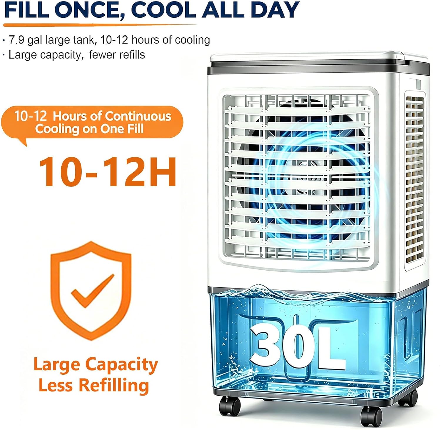 GENERIC Ventilateur Refroidisseur D'air Portable Avec Réservoir De 30 L, Rideau D'eau Triple Face, Balançoire Automatique à 120°, 3 Vitesses De Ventilateur, For Chambre, Terrasse Et Camping-car