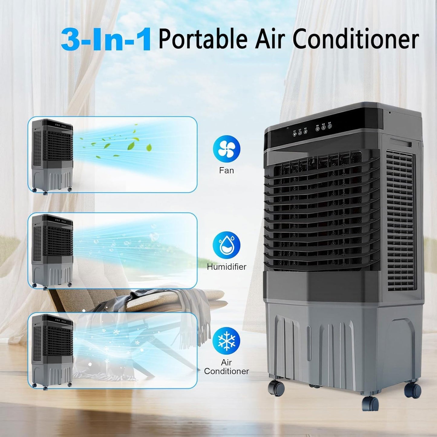 GENERIC Refroidisseur D'air évaporatif Portable, Ventilateur 3-en-1 Avec Packs De Glace, 120 Oscillation, Télécommande, Fonctionnement Silencieux, Minuterie, Mobilité Facile Pour Le Confort De Refroidissement