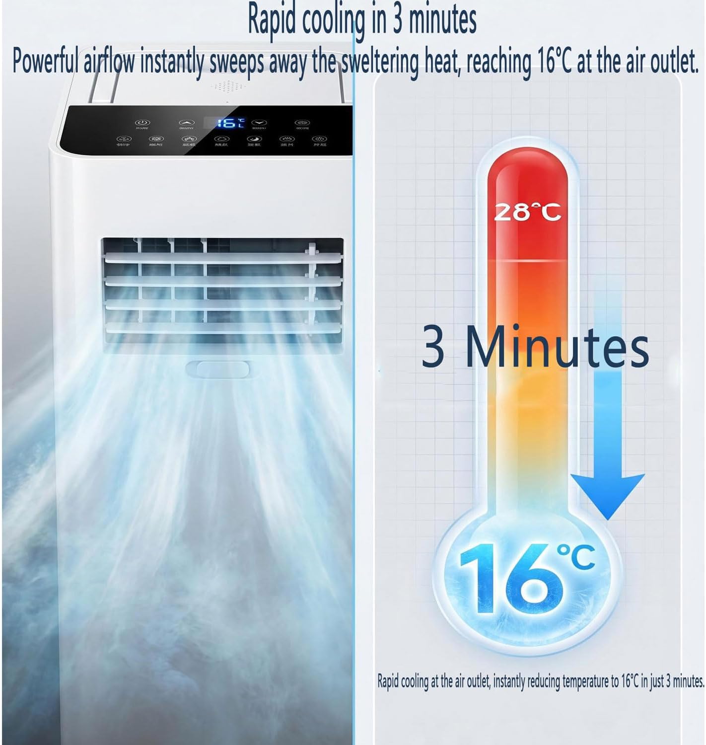 GENERIC Climatiseur Portable De 7000 BTU Pour Grandes Pièces Et Chambres Jusqu'à 300 M², Ventilateur De Refroidissement Intelligent Ultra Silencieux De 30 DB Avec Ventilateur Déshumidificateur, Mode Veille Et
