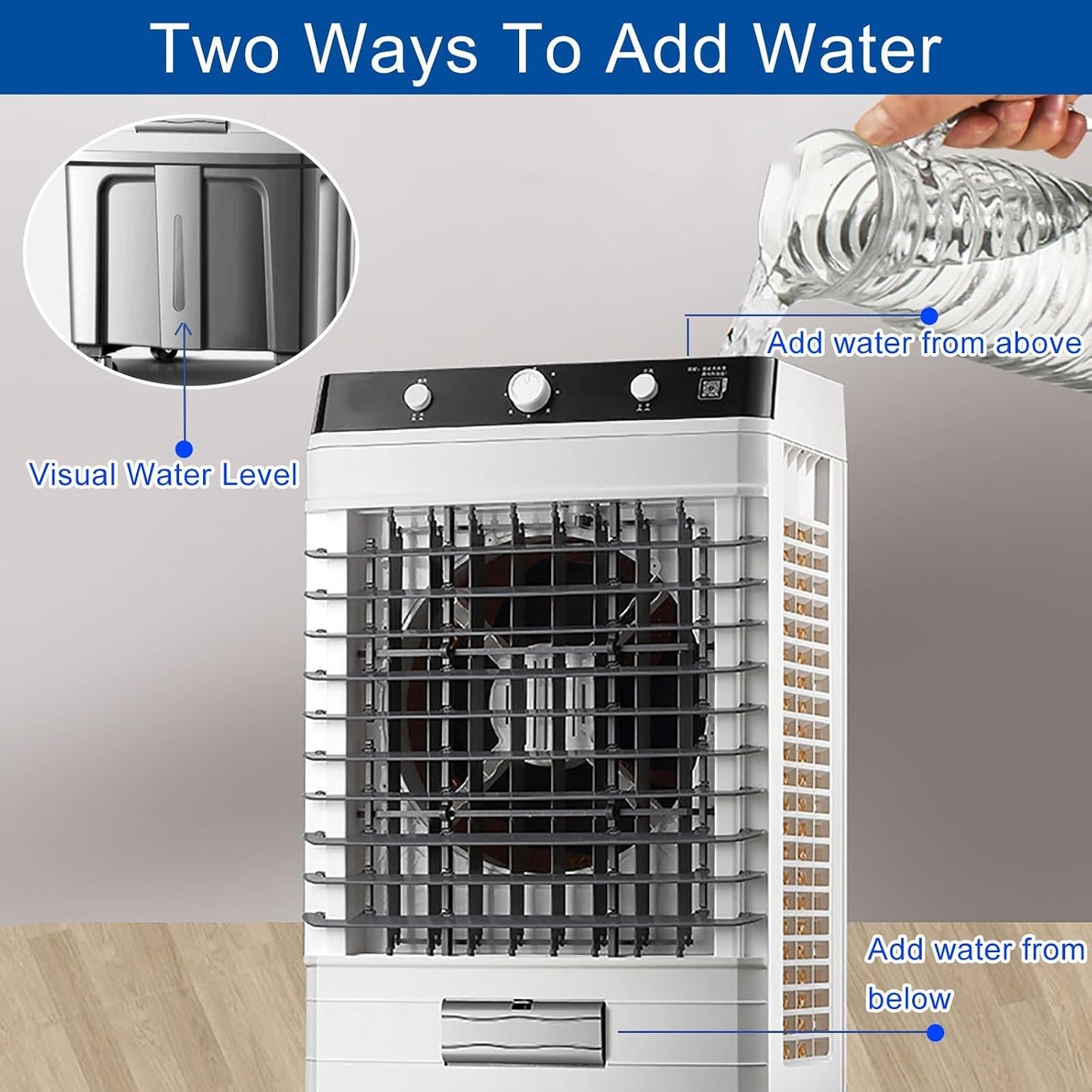 GENERIC Refroidisseur D'air évaporatif Portable 3 En 1 Avec Réservoir De 50L, Boîtes De Glace Pour Le Refroidissement De La Pièce, Fonctionnement Silencieux, 3 Vitesses Et Télécommande, Roues à Rouleaux Facil