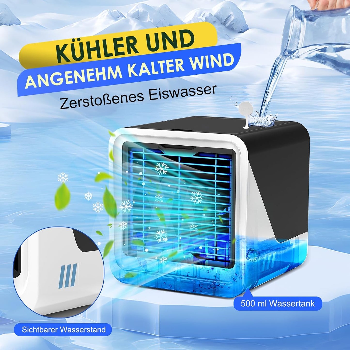  Climatiseur Mobile 3 En 1, USB Rafraîchisseur D’Air Sans Évacuation, 500ML, 3 Vitesses, Lumière LED 7 Couleurs, Ventilateur Silencieux Par Eau Pour Chambre Et Bureau