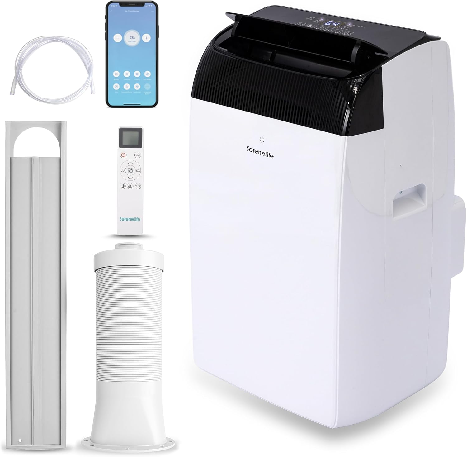  SereneLife Climatiseur Avec Tuyau D'évacuation - Mobile - Wi-Fi 14000 BTU - 3 En 1 - Refroidissement Et Déshumidification - Climatiseur Avec Kit De Fenêtre - Affichage LED - Mode Silencieux Et Veille