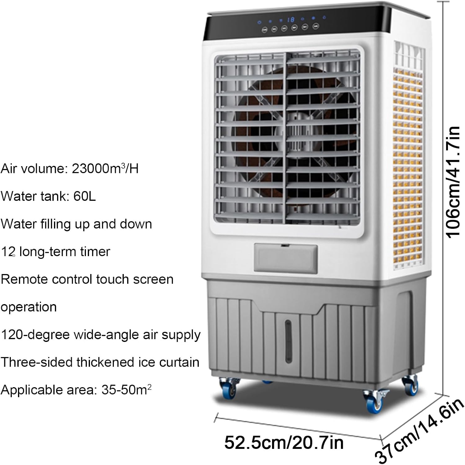  Refroidisseur D'air Par évaporation - Réservoir D'eau De 60 Litres, Climatiseur Portable Avec Minuterie De 12 Heures, 4 Blocs De Glace, Oscillation 120°/60° Pour Garage Et Usage Commercial