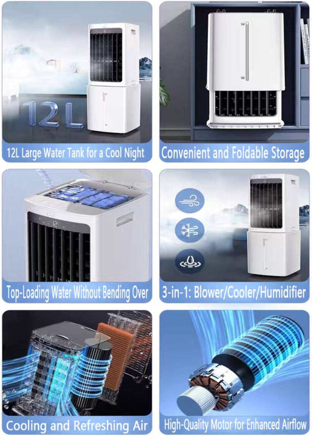 GENERIC Refroidisseur D'air évaporatif De Ventilateur De Climatisation Portable Avec Réservoir D'eau 12L Et 2 Packs De Glace 60W Efficace D'énergie 3 Vitesses 90° Oscillation 35dB Unité De Refroidissement De