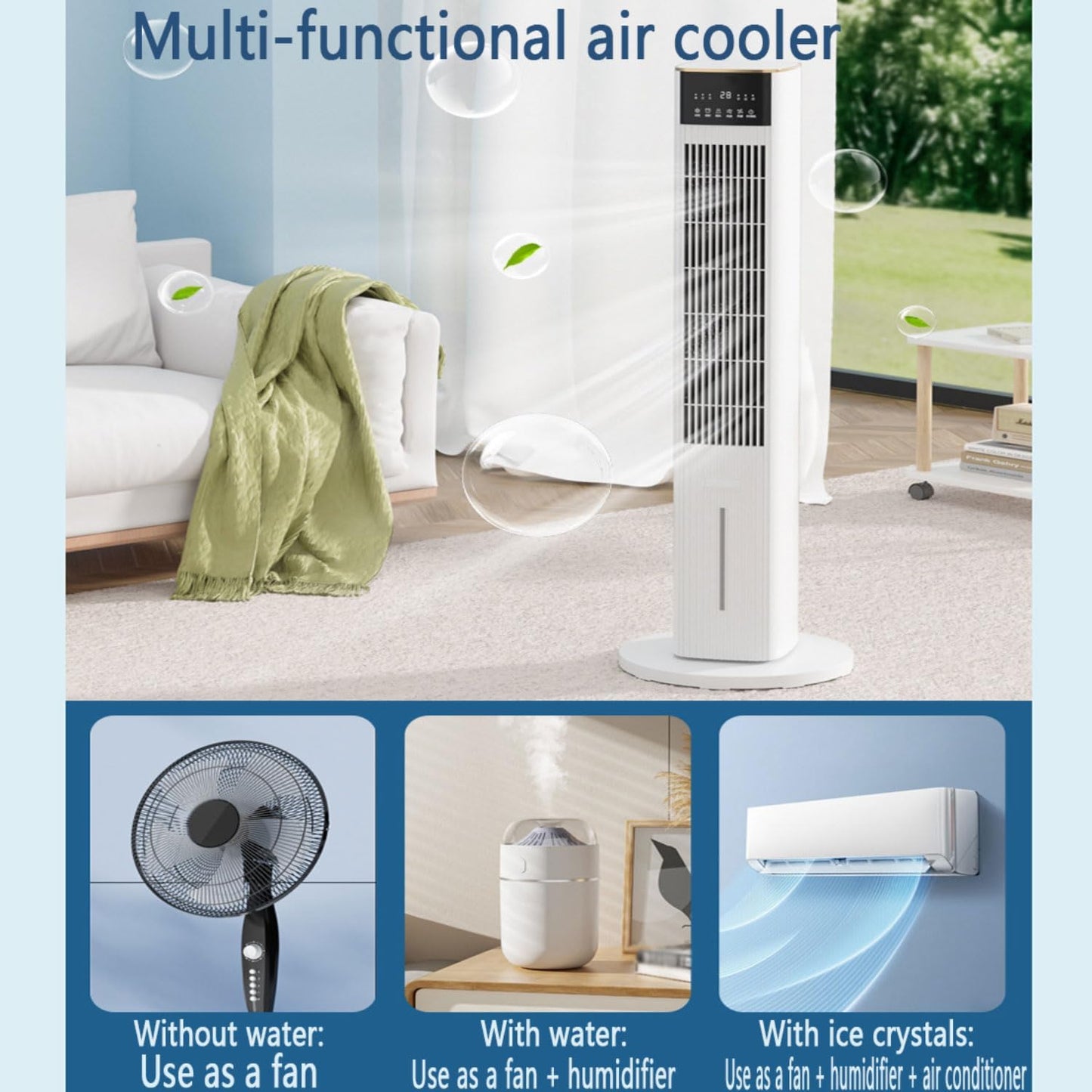 GENERIC Ventilateur De Refroidissement Par évaporation, Ventilateur Tour Oscillant Sans Pales Pour Chambre à Coucher, Bureau Et Salon, 3 Vitesses, 3 Modes De Vent, Minuterie De 15 Heures, Design Portable