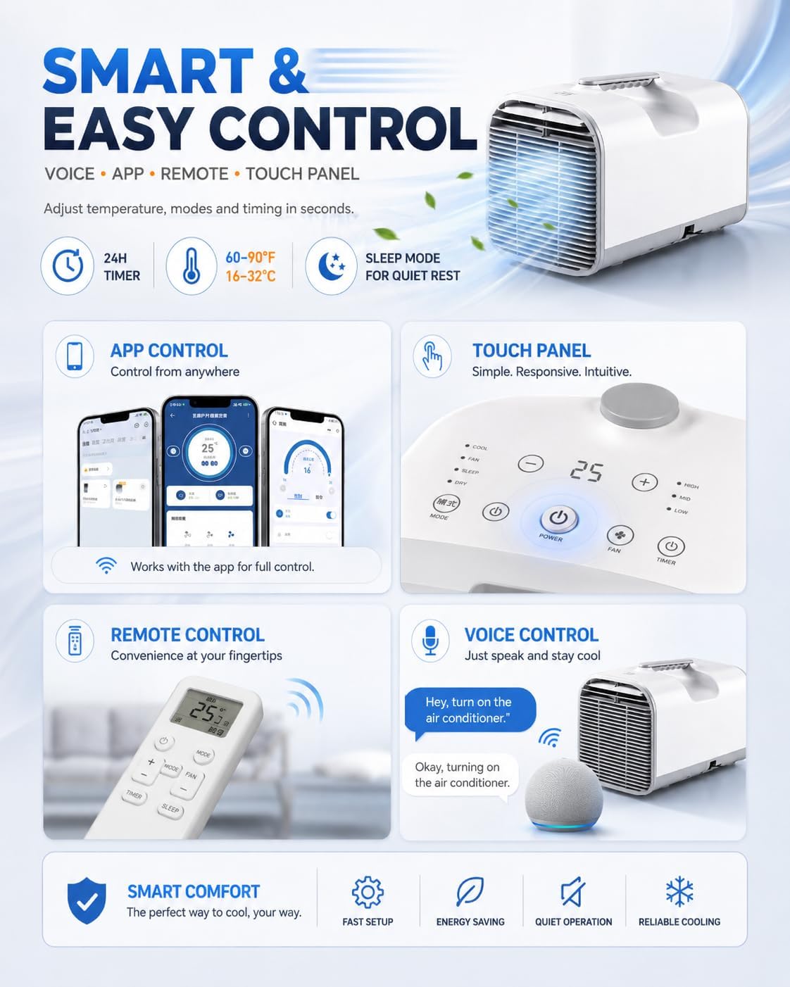  Portable AC Unit 4777 BTU, 4-en-1 Ventilateur De Refroidissement Déshumidificateur Avec Commande Vocale D'application, Climatiseur Portable Autodrainant Pour L'utilisation De Camion De Camion De Tente