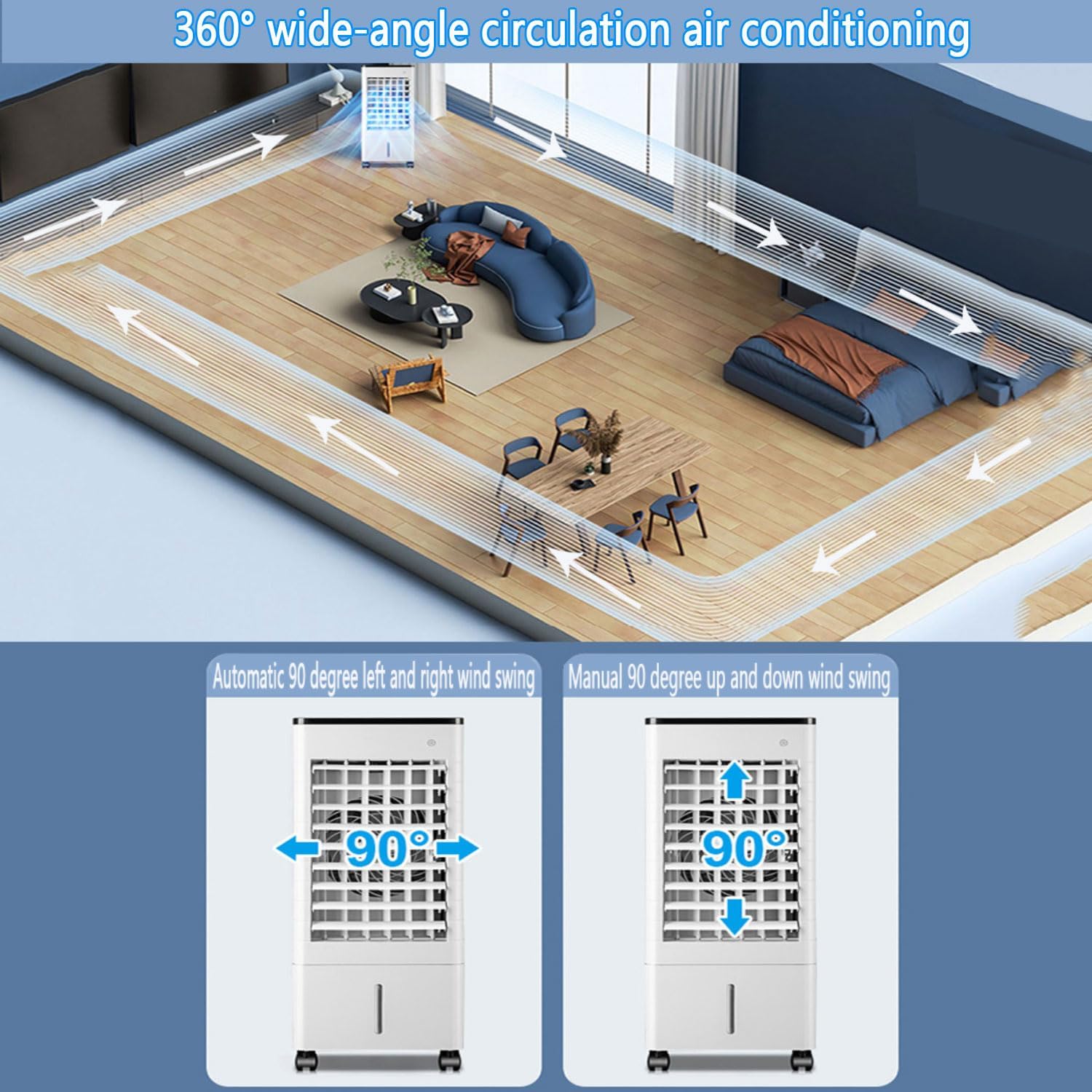 GENERIC Climatiseur Portable, Refroidisseur évaporatif Avec Réservoir D'eau 9L Et 4 Boîtes à Glace, Oscillation à 90 °, Ventilateur De Refroidissement à 3 Vitesses Pour La Maison, Bureau, Garage