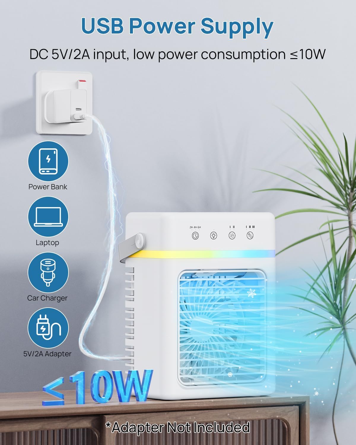  Refroidisseur D'Air Silencieux 900ML | Climatiseur Mobile 3 Modes & 2 Brumisation | Climatiseur Portable Minuterie 2/4/6 Hour | Compatible USB | Lumière LED - Idéal Pour Dortoir/Chambre/Bureau/Camping