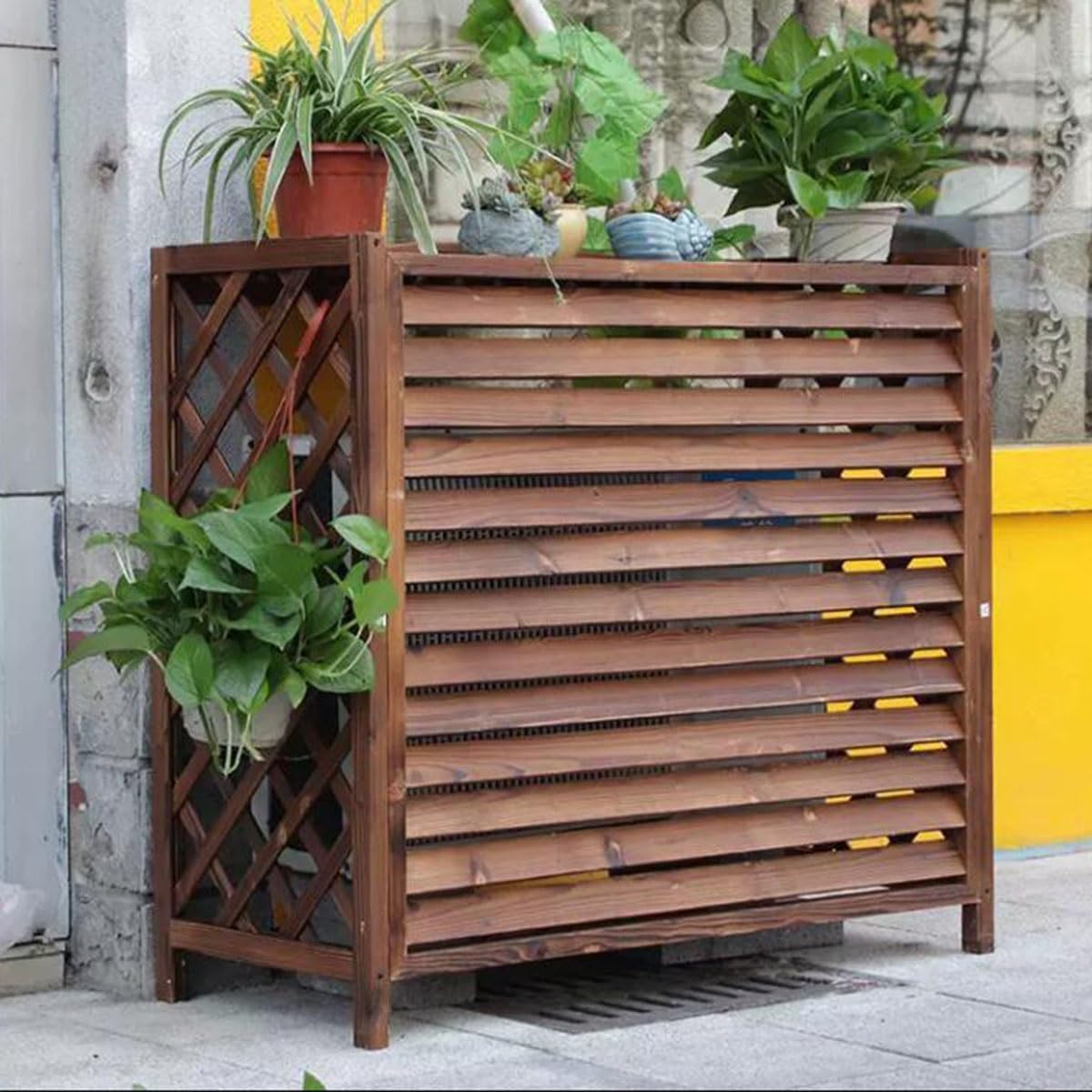 Housse En Bois Pour Climatiseur D'extérieur – Design élégant à Persiennes En Bois Massif Et Support De Fleurs 4 (taille M : 100 X 43 X 94 Cm)