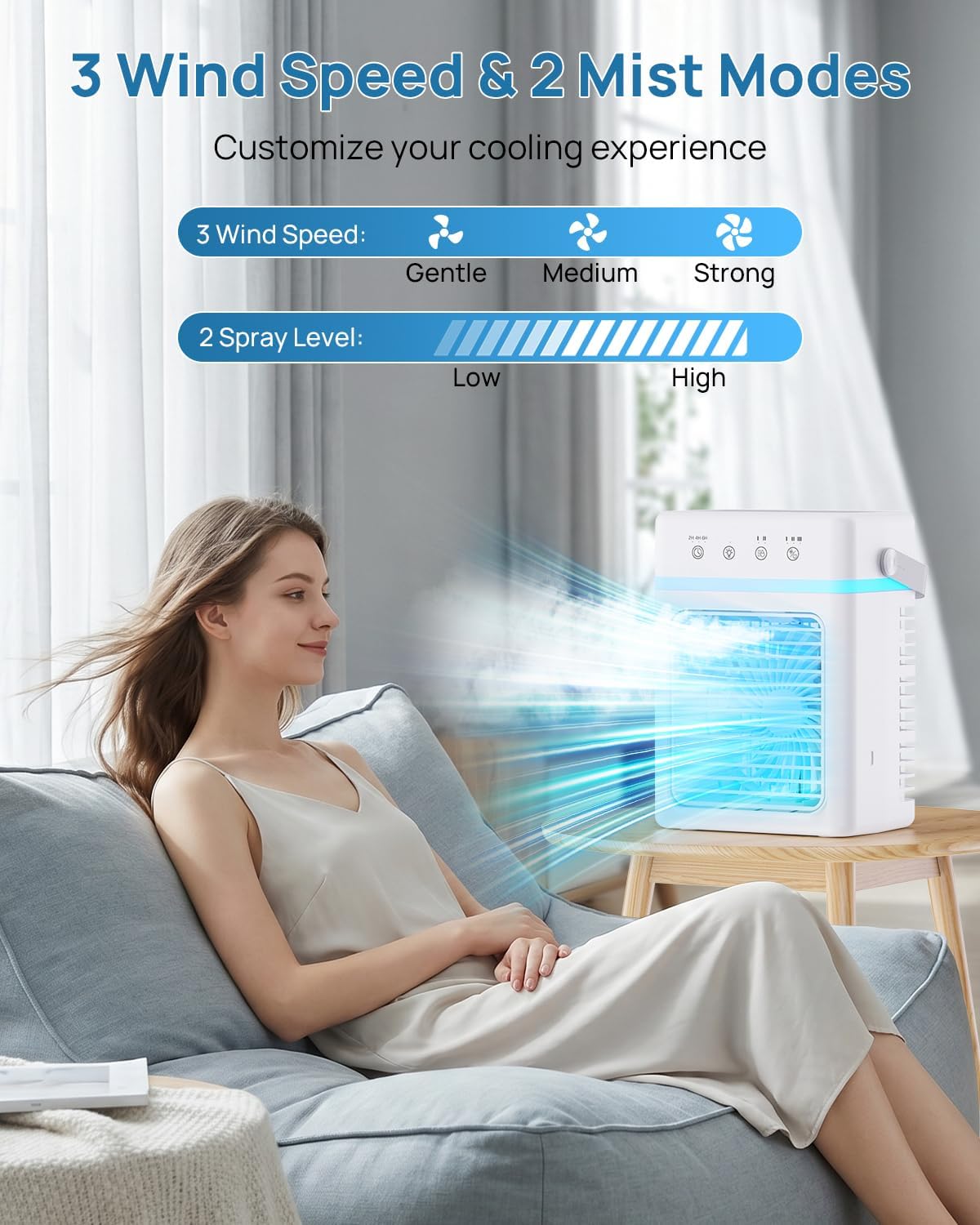  Refroidisseur D'Air Silencieux 900ML | Climatiseur Mobile 3 Modes & 2 Brumisation | Climatiseur Portable Minuterie 2/4/6 Hour | Compatible USB | Lumière LED - Idéal Pour Dortoir/Chambre/Bureau/Camping