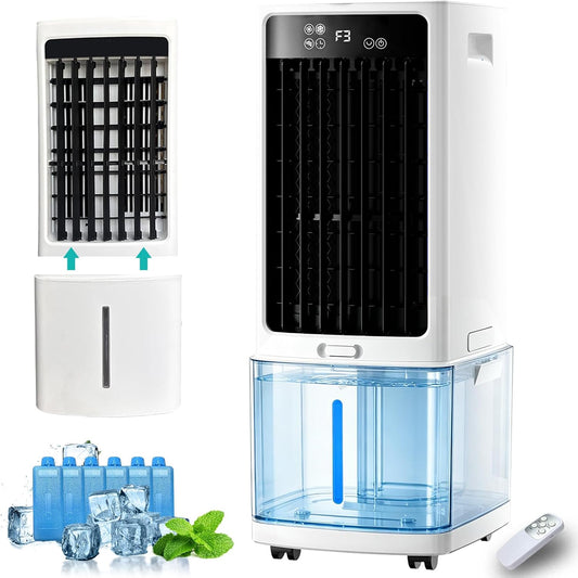  Rafraîchisseur D'air Évaporatif 12L (Alternative Climatiseur Mobile Sans Évacuation), 800 M³/h Puissant Portable, 3-en-1 Ventilateur & Humidificateur Avec Télécommande, Minuteur 12H, 6 Pains De Glace