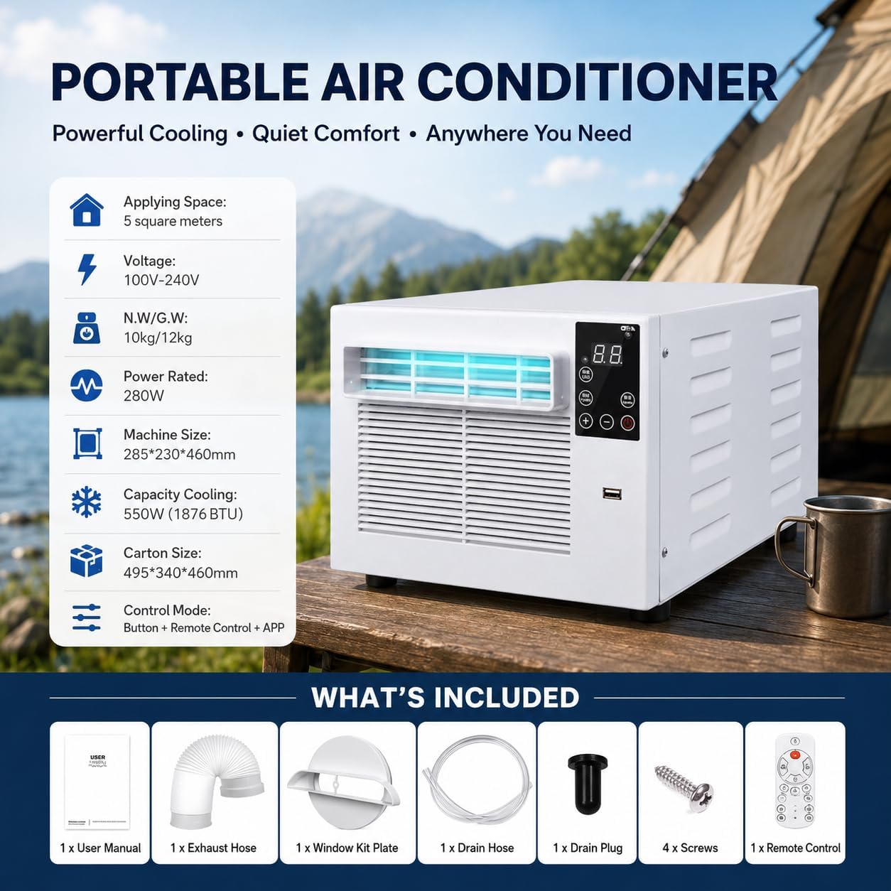 GENERIC 1876BTU Unité De Courant Alternatif Portable, Déshumidificateur Compact Pour L'espace De 5m2, Contrôle De Refroidissement Et D'humidité Silencieux, Mouvement Facile Avec Roulettes, Aucune Unité Extéri