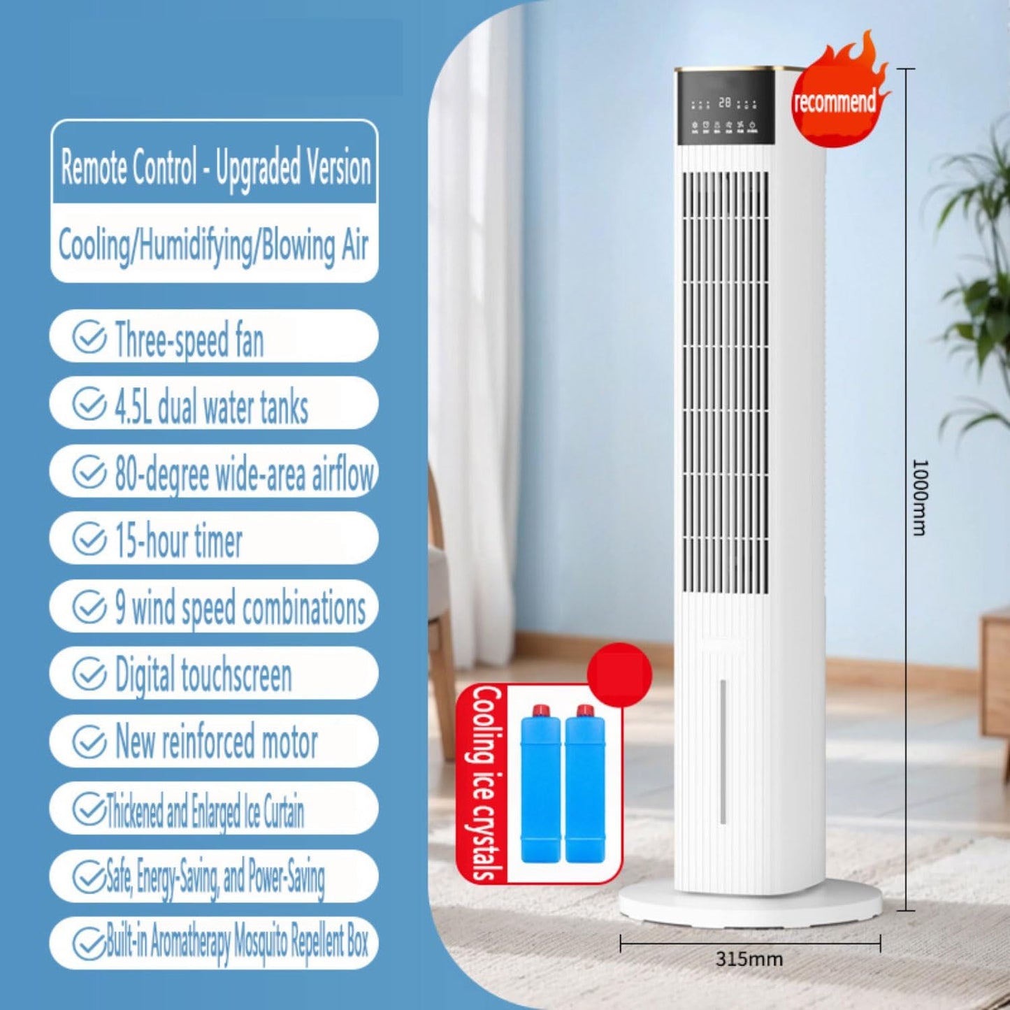  Refroidisseur D'air Colonne Refroidisseur Humidificateur Et Ventilateur Oscillation 80° 3 Vitesses 3 Modes Réservoir D'eau 4.5L Blocs De Glace Climatiseur Mobile Portable Pour Chambre Bureau Blanc