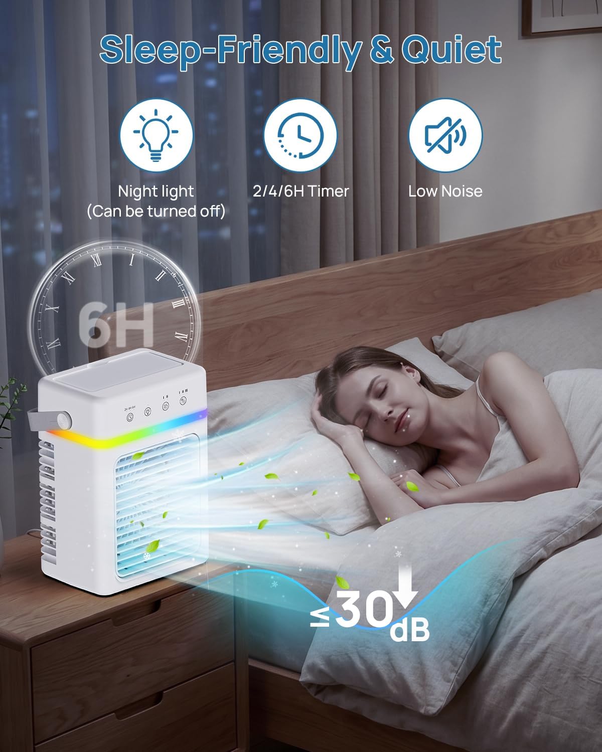  Refroidisseur D'Air Silencieux 900ML | Climatiseur Mobile 3 Modes & 2 Brumisation | Climatiseur Portable Minuterie 2/4/6 Hour | Compatible USB | Lumière LED - Idéal Pour Dortoir/Chambre/Bureau/Camping