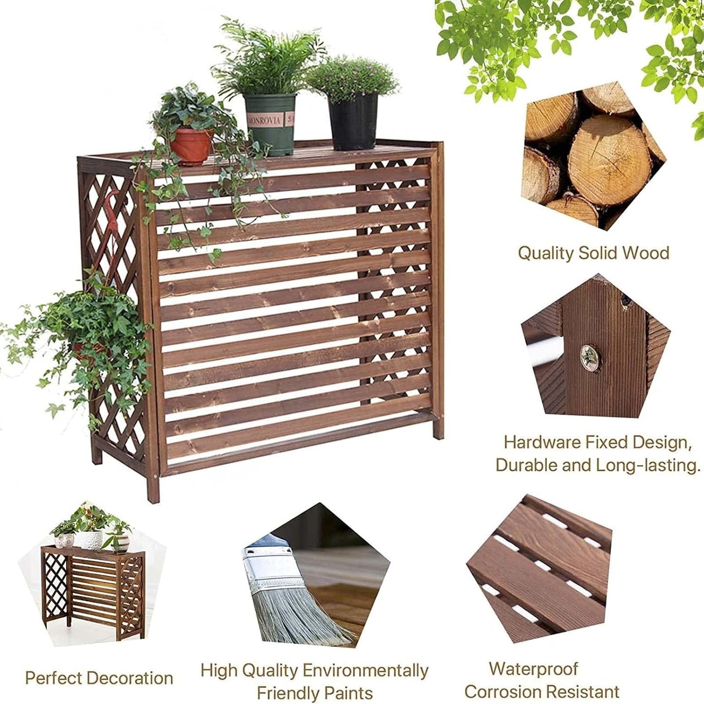  Housse De Climatiseur Extérieur En Bois, Condenseur Extérieur à Persiennes, Support Pour Plantes Marron, Boîtier De Poubelle Dissimulé, Facile à Installer