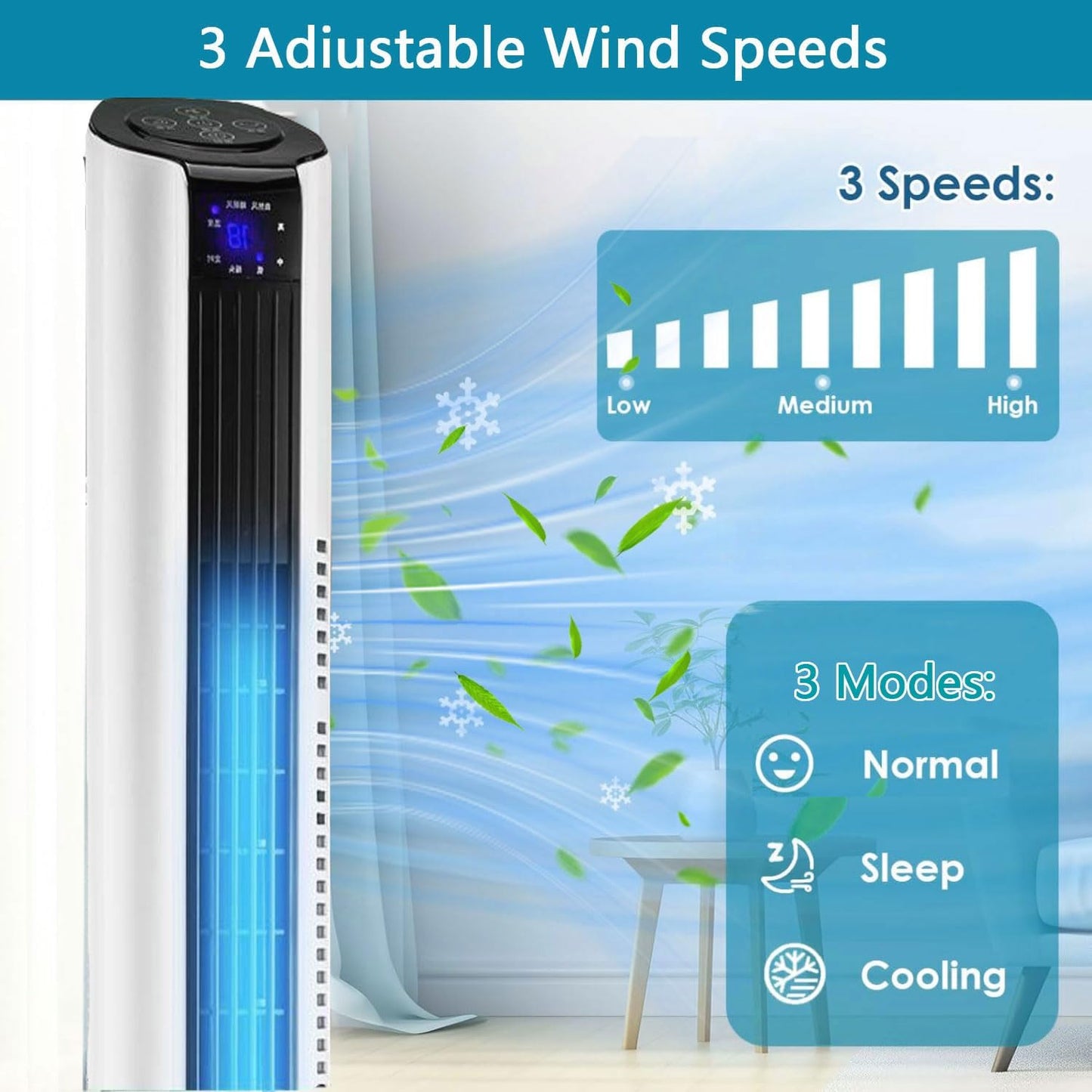  Ventilateur De Tour, Refroidisseur D'air De Chambre à 3 Vitesses Avec 60 Oscillation, Minuterie 12H, Affichage LED, Ventilateur De Stand-up électrique Silencieux Sans Lame Pour Le Bureau à Domicile