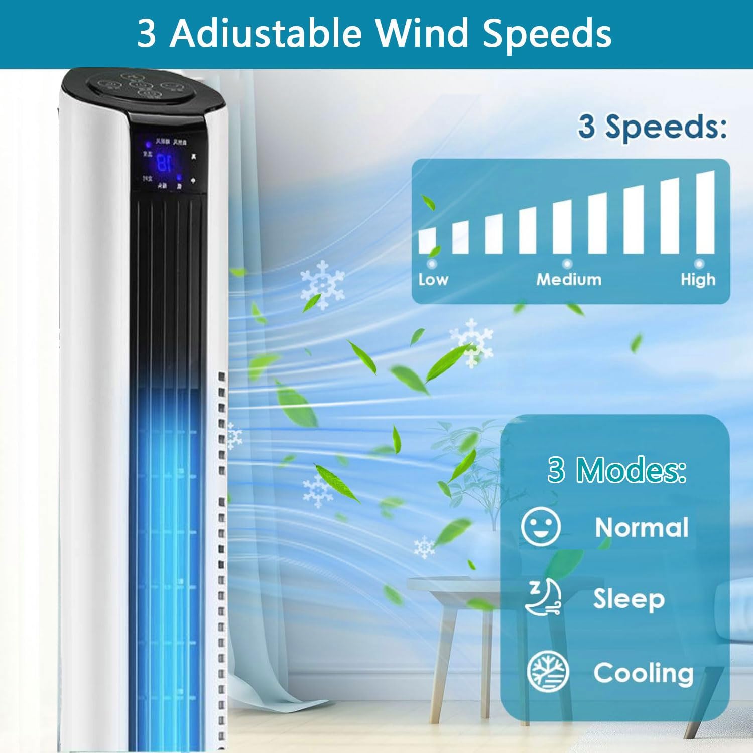  Ventilateur De Tour, Refroidisseur D'air De Chambre à 3 Vitesses Avec 60 Oscillation, Minuterie 12H, Affichage LED, Ventilateur De Stand-up électrique Silencieux Sans Lame Pour Le Bureau à Domicile