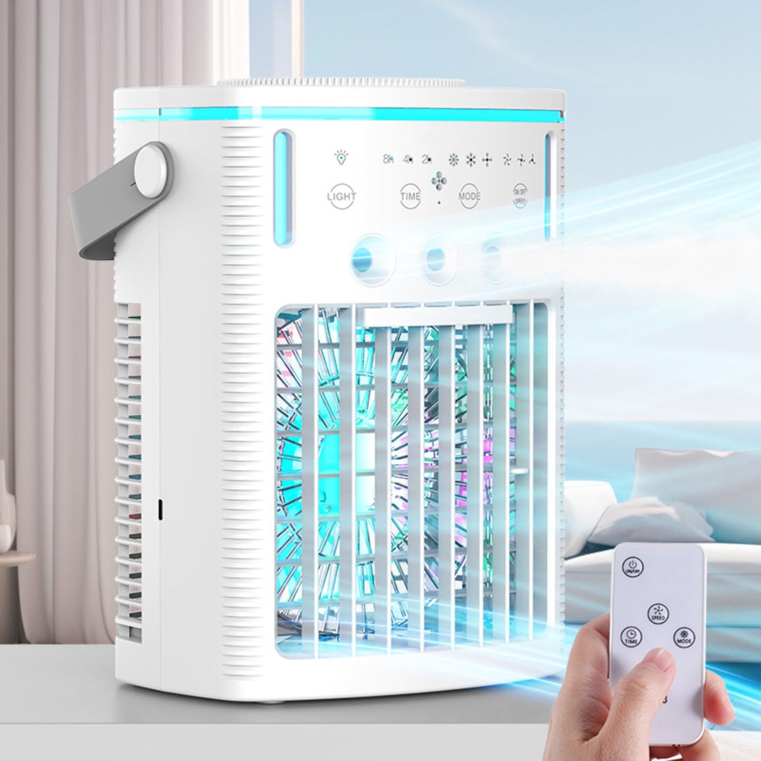  Climatiseur Portable Avec Télécommande, Silencieux, 3 Vitesses, Humidificateur Personnel à évaporation De 1000 Ml, 3 Brumisateurs, Veilleuse, Minuterie 2-8 H, Petit Climatiseur Portable Pour Chambre