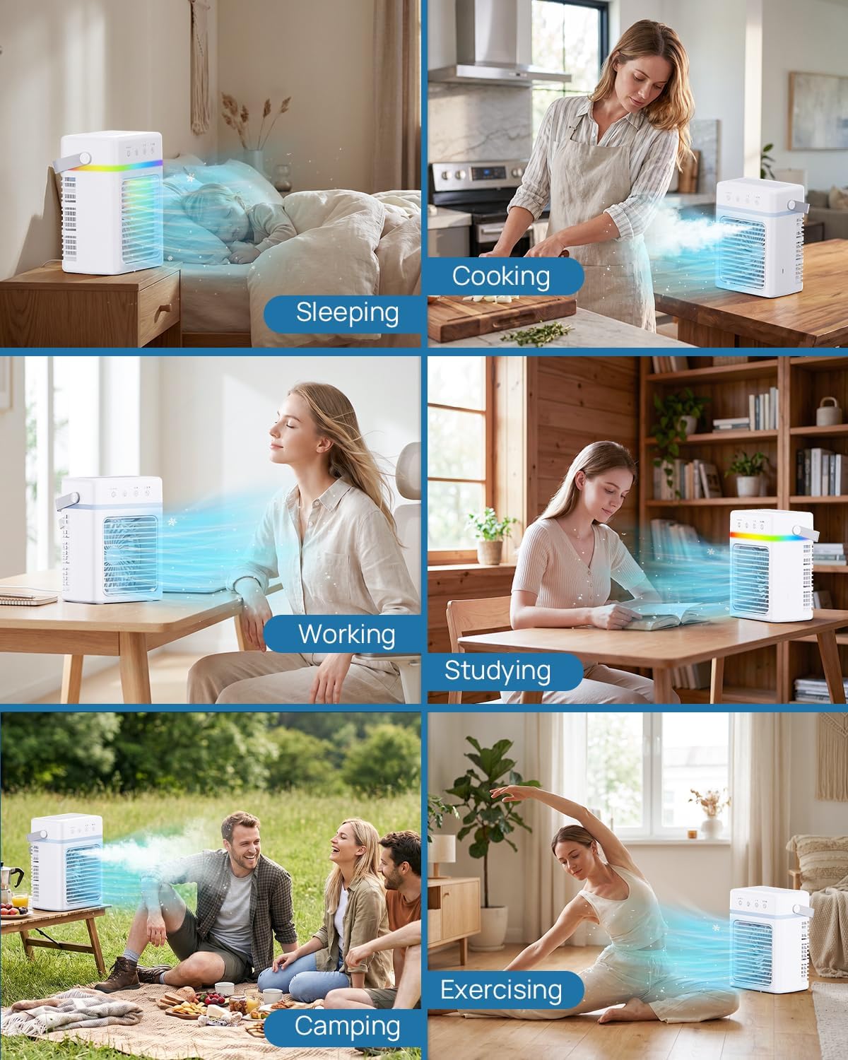  Refroidisseur D'Air Silencieux 900ML | Climatiseur Mobile 3 Modes & 2 Brumisation | Climatiseur Portable Minuterie 2/4/6 Hour | Compatible USB | Lumière LED - Idéal Pour Dortoir/Chambre/Bureau/Camping
