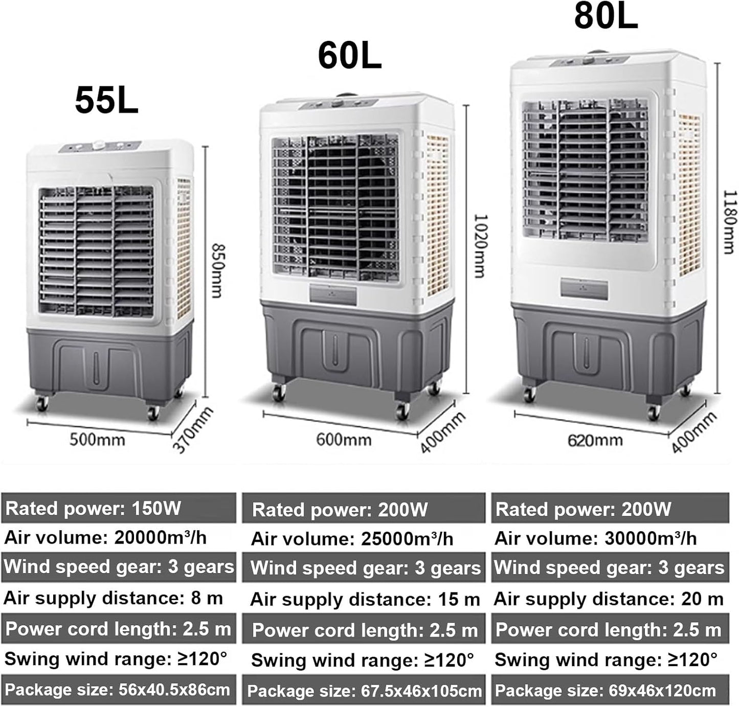  Refroidisseur D'air 3 En 1 Climatiseur Mobile Avec Réservoir D'eau De Grande Capacité De 80 L, Léger, Silencieux, 3 Vitesses De Vent Pour Une Utilisation Intérieure En Extérieur (Size : 80L)