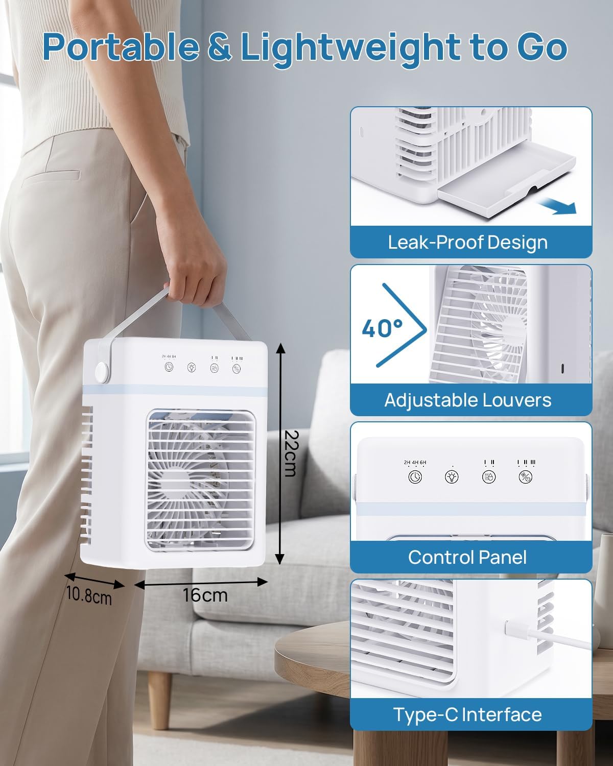  Refroidisseur D'Air Silencieux 900ML | Climatiseur Mobile 3 Modes & 2 Brumisation | Climatiseur Portable Minuterie 2/4/6 Hour | Compatible USB | Lumière LED - Idéal Pour Dortoir/Chambre/Bureau/Camping