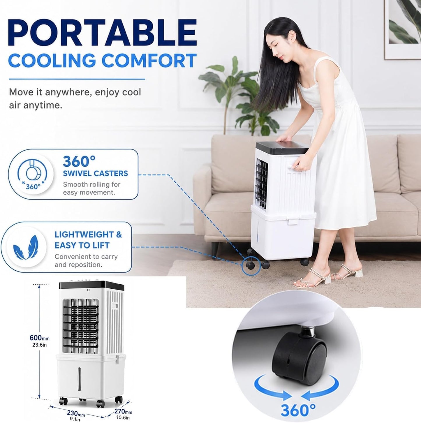  Rafraîchisseur D'air Par Évaporation Pour La Maison, Ventilateur De Refroidissement 15L, 3 Vitesses, 4 Pains De Glace, Réservoir D'eau Amovible