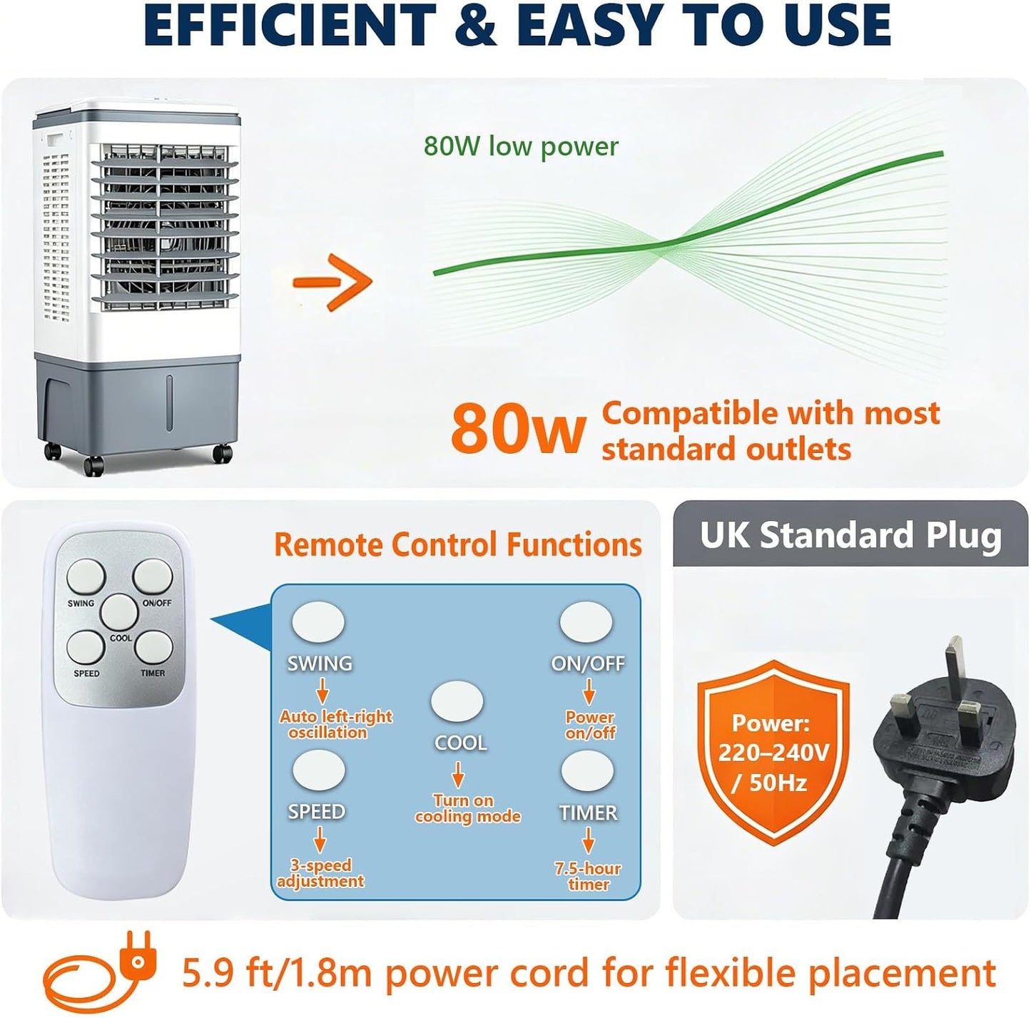 GENERIC 3 En 1 Ventilateur De Refroidissement à Air évaporatif Portable Avec Télécommande, Humidificateur De Brive De Réservoir De 20L Pour Le Bureau De Chambre, Unité De Refroidissement Silencieuse Avec Paqu
