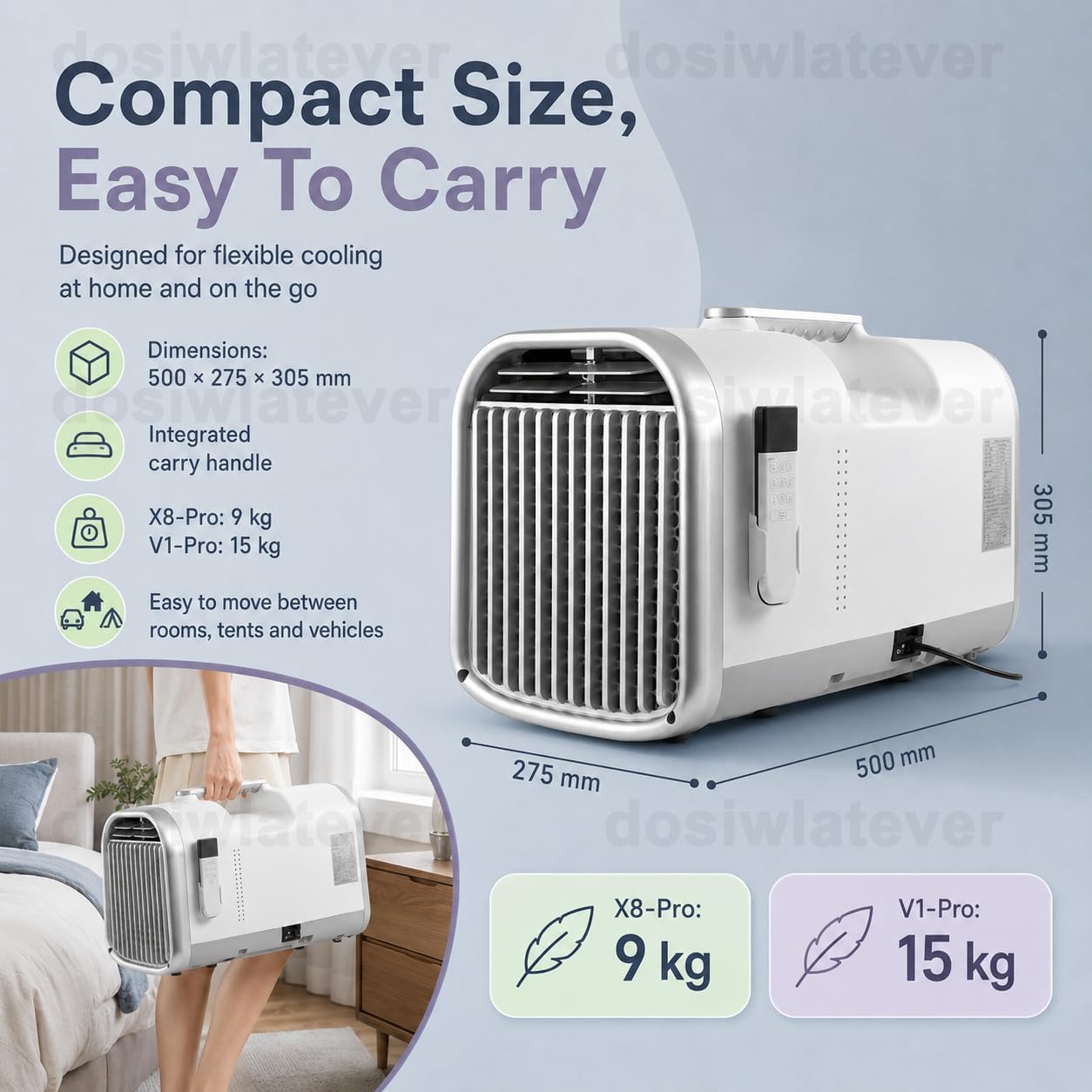  Climatiseur Mobile Silencieux 4100-5100 BTU 1200W/1500W, Refroidissement Rapide 8-10m², Clim Portable Sans Installation, Usage Chambre Bureau Tente Camping White-V1pro220V