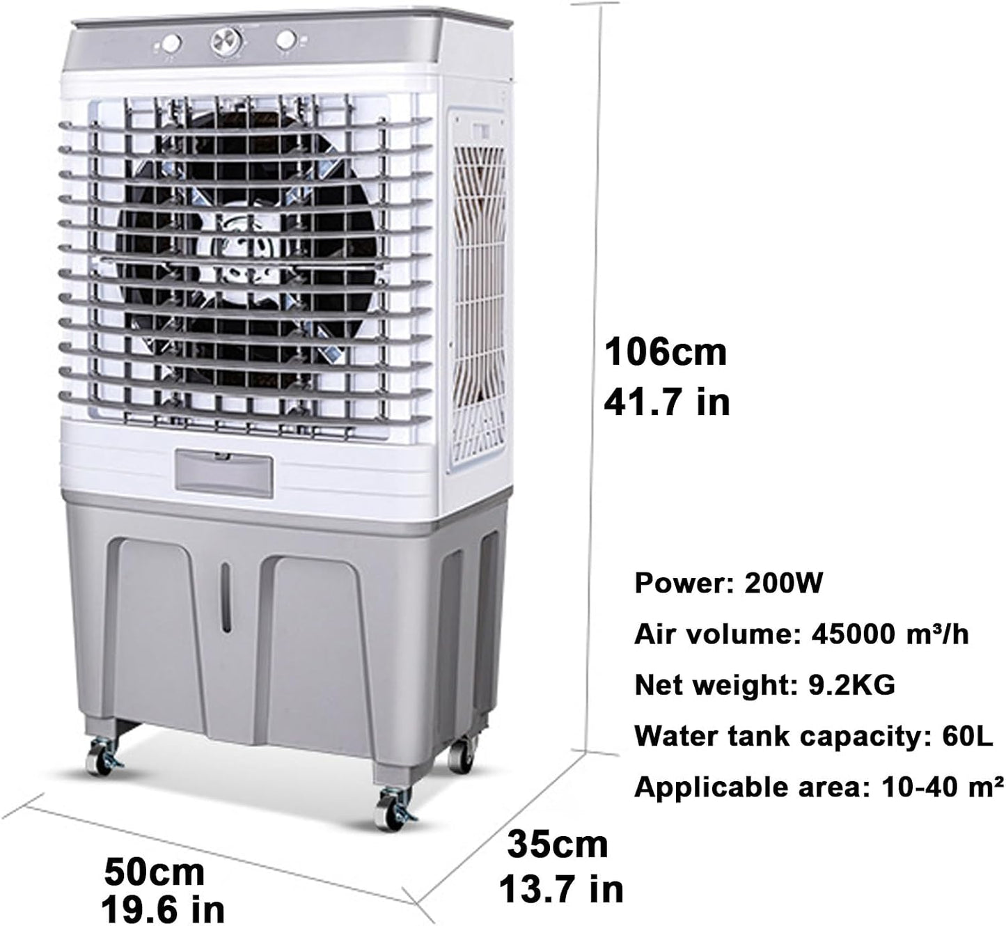  Refroidisseur D'air Par évaporation, 200 W, Réservoir De 60 L, Oscillation à 120°, Idéal Pour Terrasse, Jardin, Véranda, Usine, Bureau Et Usage Commercial.