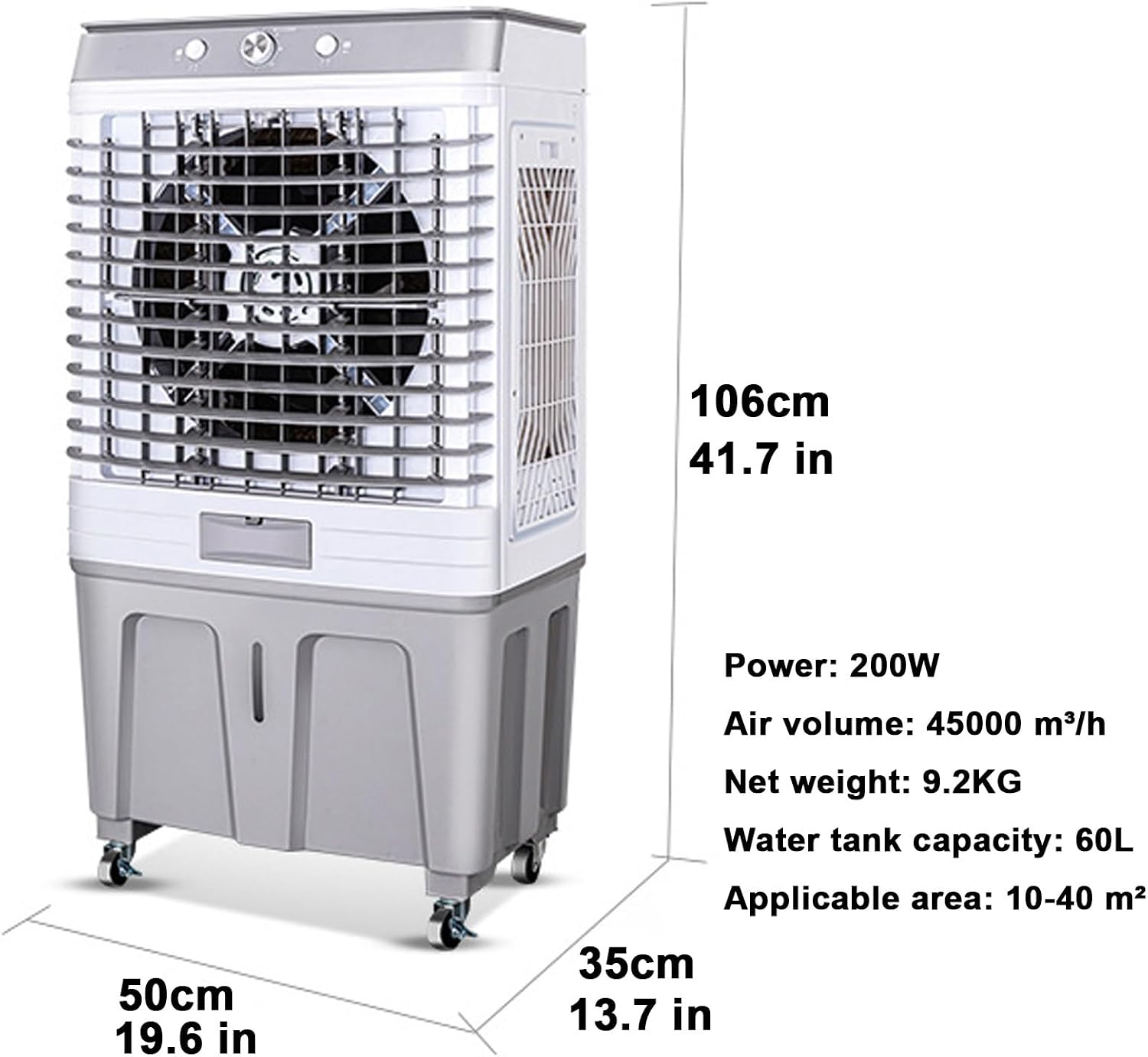  Refroidisseur D'air Par évaporation, 200 W, Réservoir De 60 L, Oscillation à 120°, Idéal Pour Terrasse, Jardin, Véranda, Usine, Bureau Et Usage Commercial.