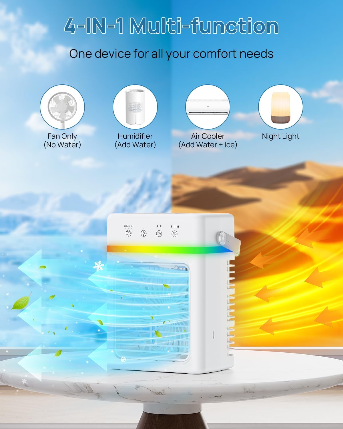  Refroidisseur D'Air Silencieux 900ML | Climatiseur Mobile 3 Modes & 2 Brumisation | Climatiseur Portable Minuterie 2/4/6 Hour | Compatible USB | Lumière LED - Idéal Pour Dortoir/Chambre/Bureau/Camping