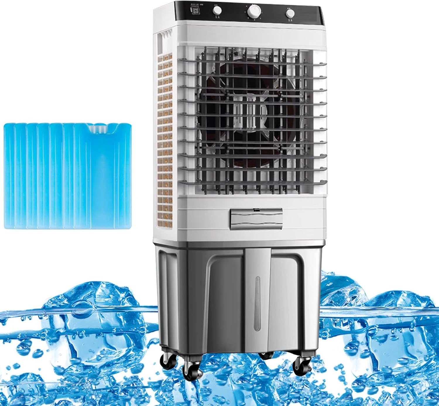 GENERIC Refroidisseur D'air évaporatif Portable 3 En 1 Avec Réservoir De 50L, Boîtes De Glace Pour Le Refroidissement De La Pièce, Fonctionnement Silencieux, 3 Vitesses Et Télécommande, Roues à Rouleaux Facil