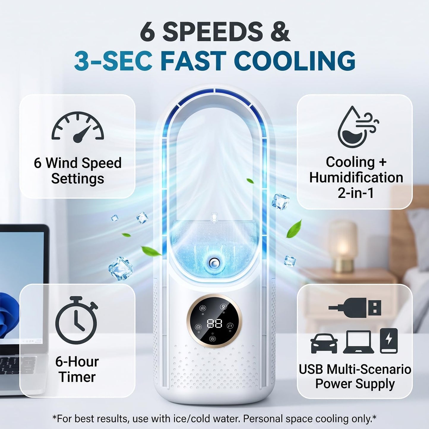 GENERIC Ventilateur De Refroidissement Portable Alimenté Par USB Avec 6 Vitesses De Vent, Fonction D'humidification De 6 Heures Et 3 Secondes Pour Chambre à Coucher, Bureau – Choix