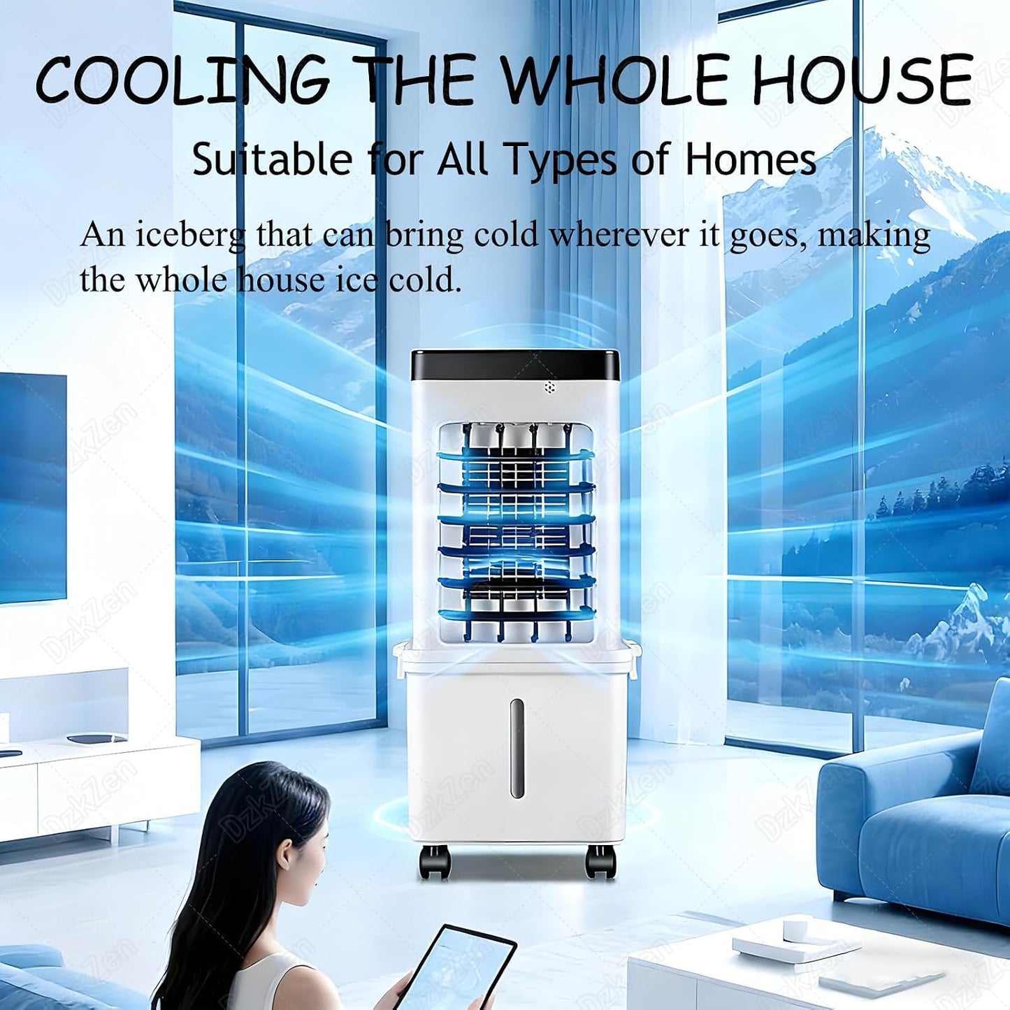 GENERIC Climatiseur Portable Sans Fenêtre, Ventilateur Rafraîchisseur D’Air De 15 L Avec 3 Réglages De Vitesse Et Minuterie De 7,5 Heures, Oscillation à 90° Et Humidificateur, Refroidisseur Évaporatif