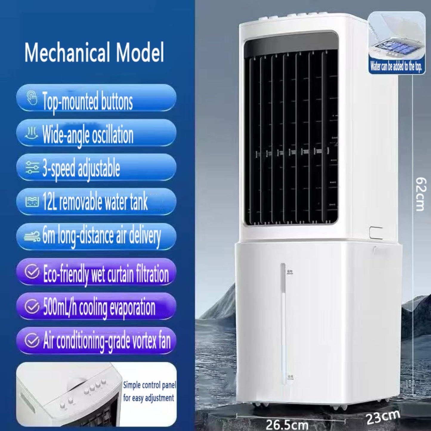 GENERIC Refroidisseur D'air évaporatif De Ventilateur De Climatisation Portable Avec Réservoir D'eau 12L Et 2 Packs De Glace 60W Efficace D'énergie 3 Vitesses 90° Oscillation 35dB Unité De Refroidissement De