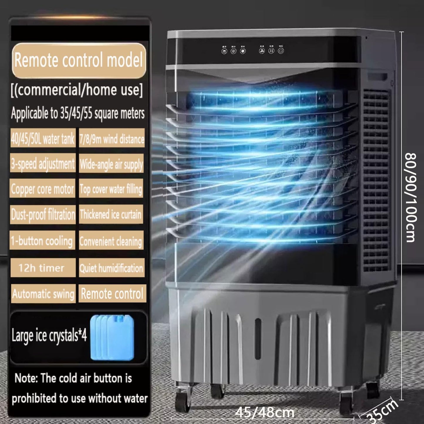 GENERIC Refroidisseur D'air évaporatif Portable, Ventilateur 3-en-1 Avec Packs De Glace, 120 Oscillation, Télécommande, Fonctionnement Silencieux, Minuterie, Mobilité Facile Pour Le Confort De Refroidissement