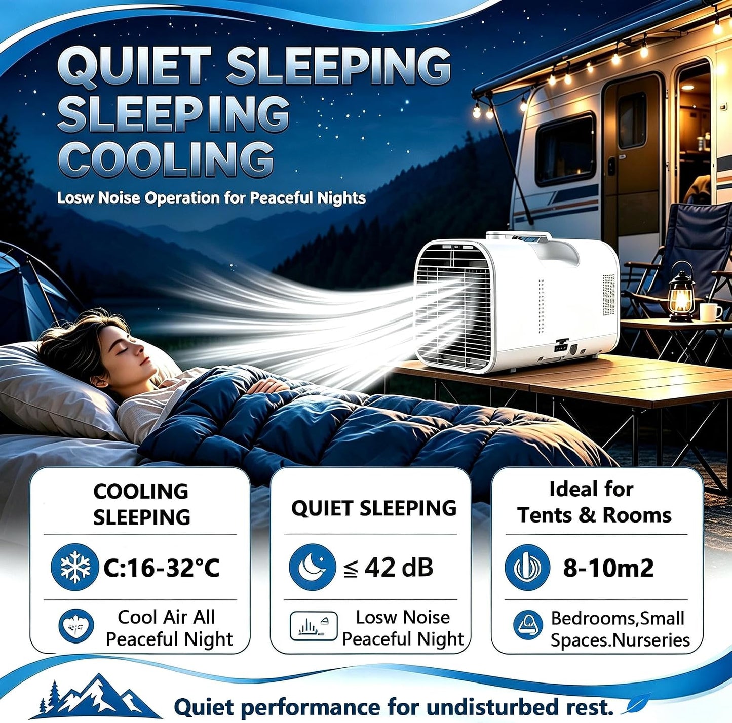  Climatiseur De Caravane Portable, Climatiseur De Camping 5100 BTU Pour Tentes, Basse Consommation 400W Refroidissement 1500W Pour Camping-Car Et Van, Climatiseur 4 En 1 Avec Tuyau V1