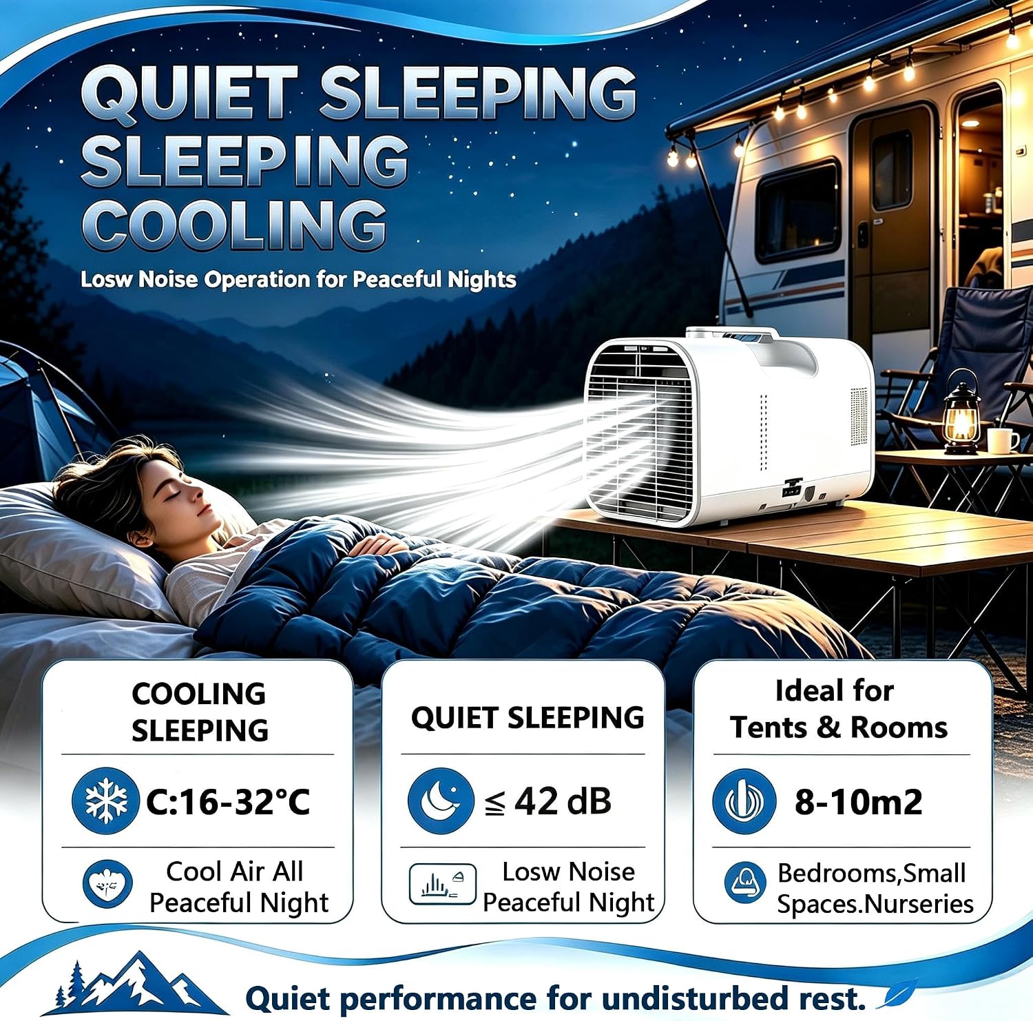  Climatiseur De Caravane Portable, Climatiseur De Camping 5100 BTU Pour Tentes, Basse Consommation 400W Refroidissement 1500W Pour Camping-Car Et Van, Climatiseur 4 En 1 Avec Tuyau V1