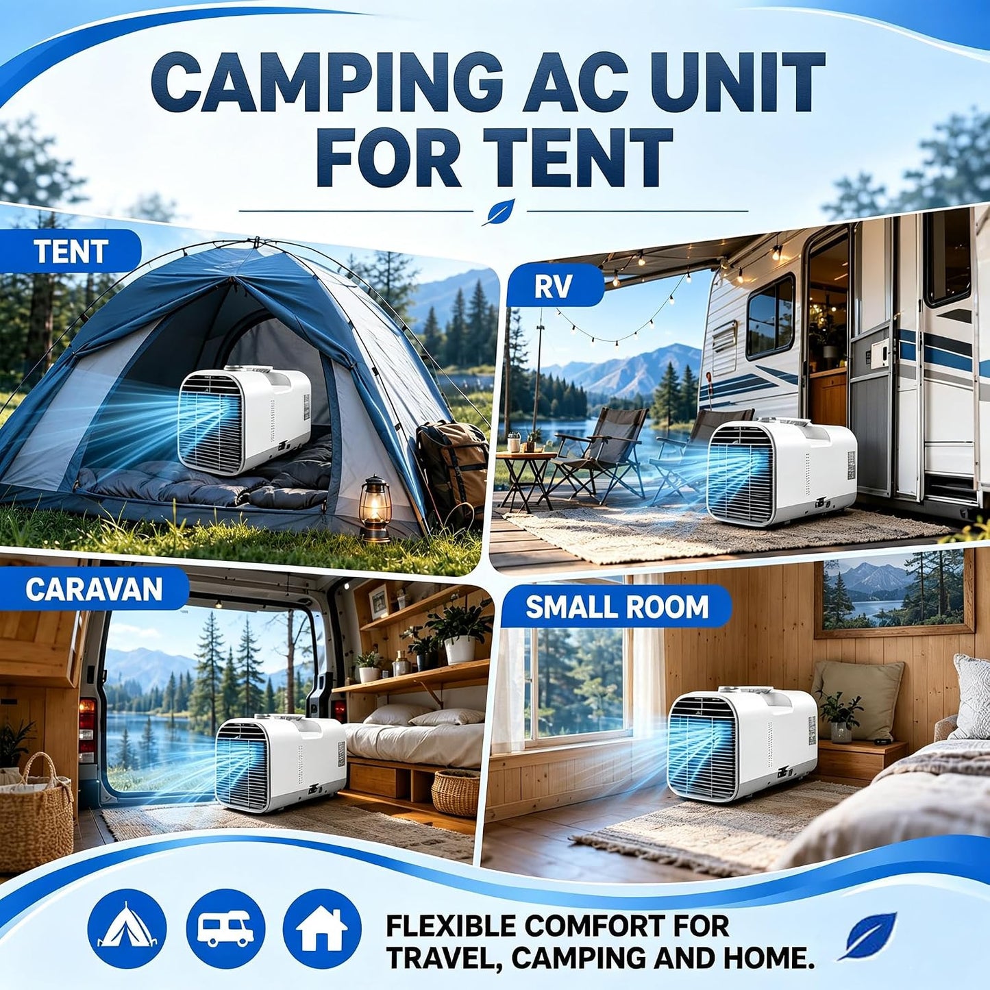  Climatiseur De Caravane Portable, Climatiseur De Camping 5100 BTU Pour Tentes, Basse Consommation 400W Refroidissement 1500W Pour Camping-Car Et Van, Climatiseur 4 En 1 Avec Tuyau V1