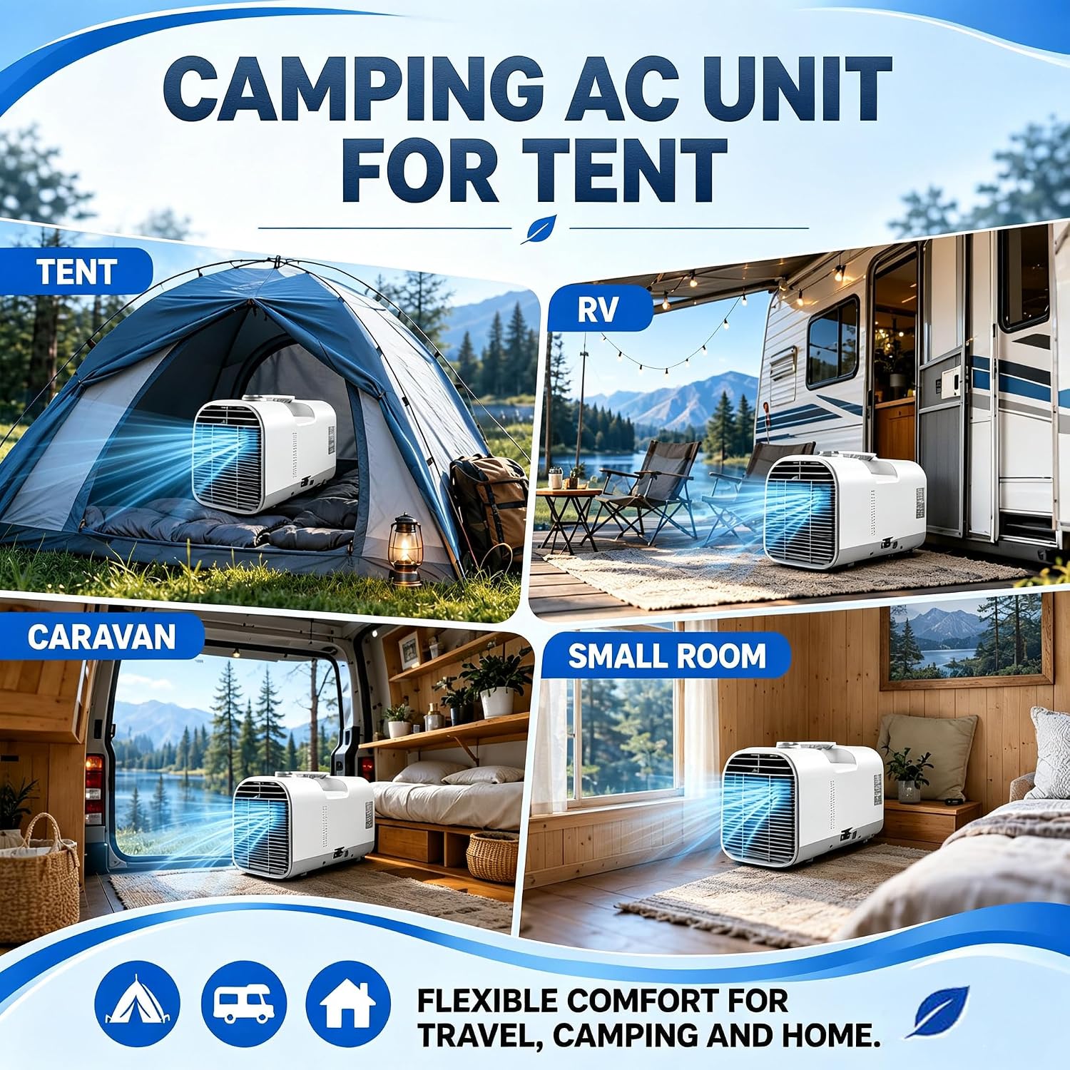  Climatiseur De Caravane Portable, Climatiseur De Camping 5100 BTU Pour Tentes, Basse Consommation 400W Refroidissement 1500W Pour Camping-Car Et Van, Climatiseur 4 En 1 Avec Tuyau V1