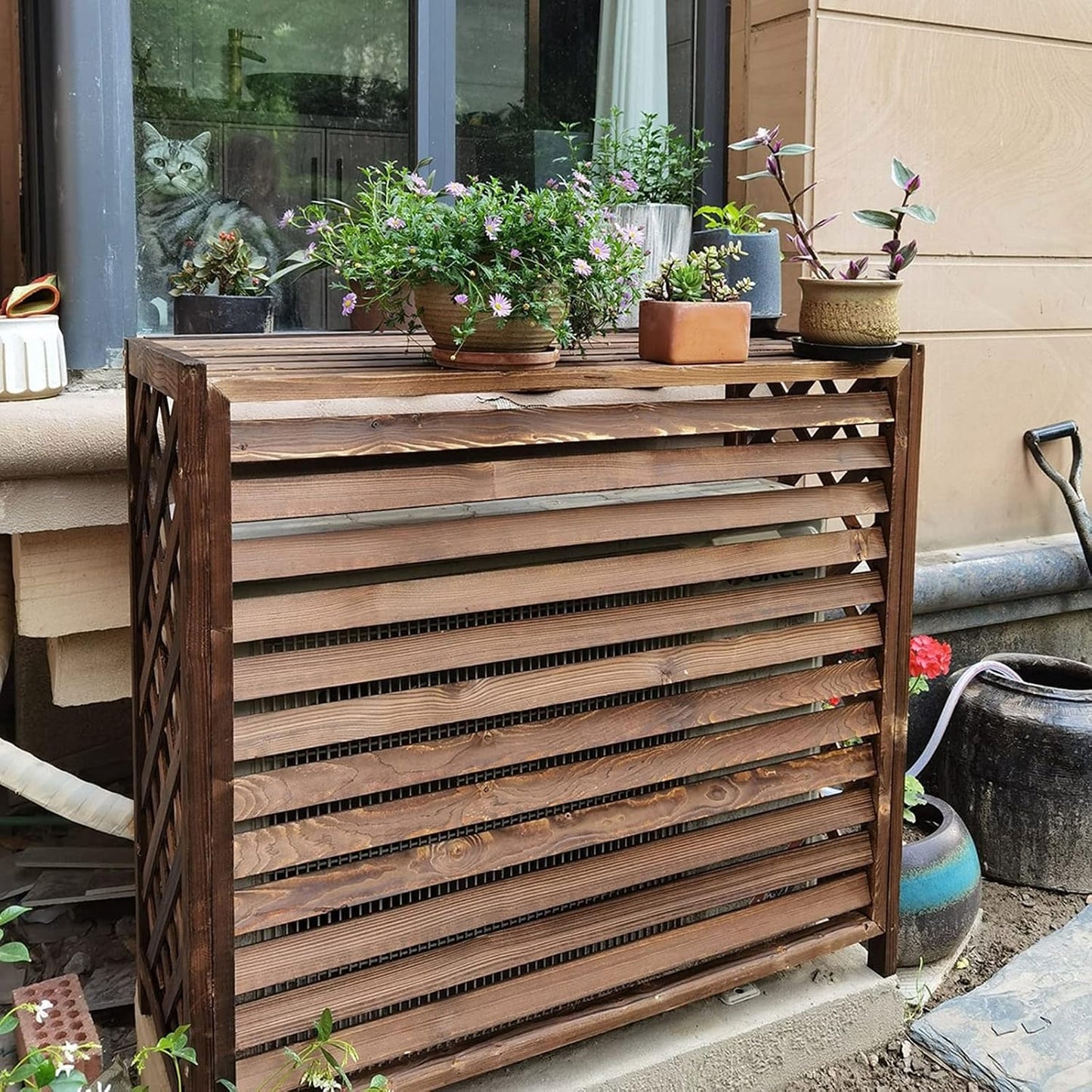  Clôture De Climatiseur D'extérieur, Housse De Climatiseur En Bois Massif Pour Pompes à Chaleur, Support Décoratif Pour Climatiseur, Support De Fleurs En Bois