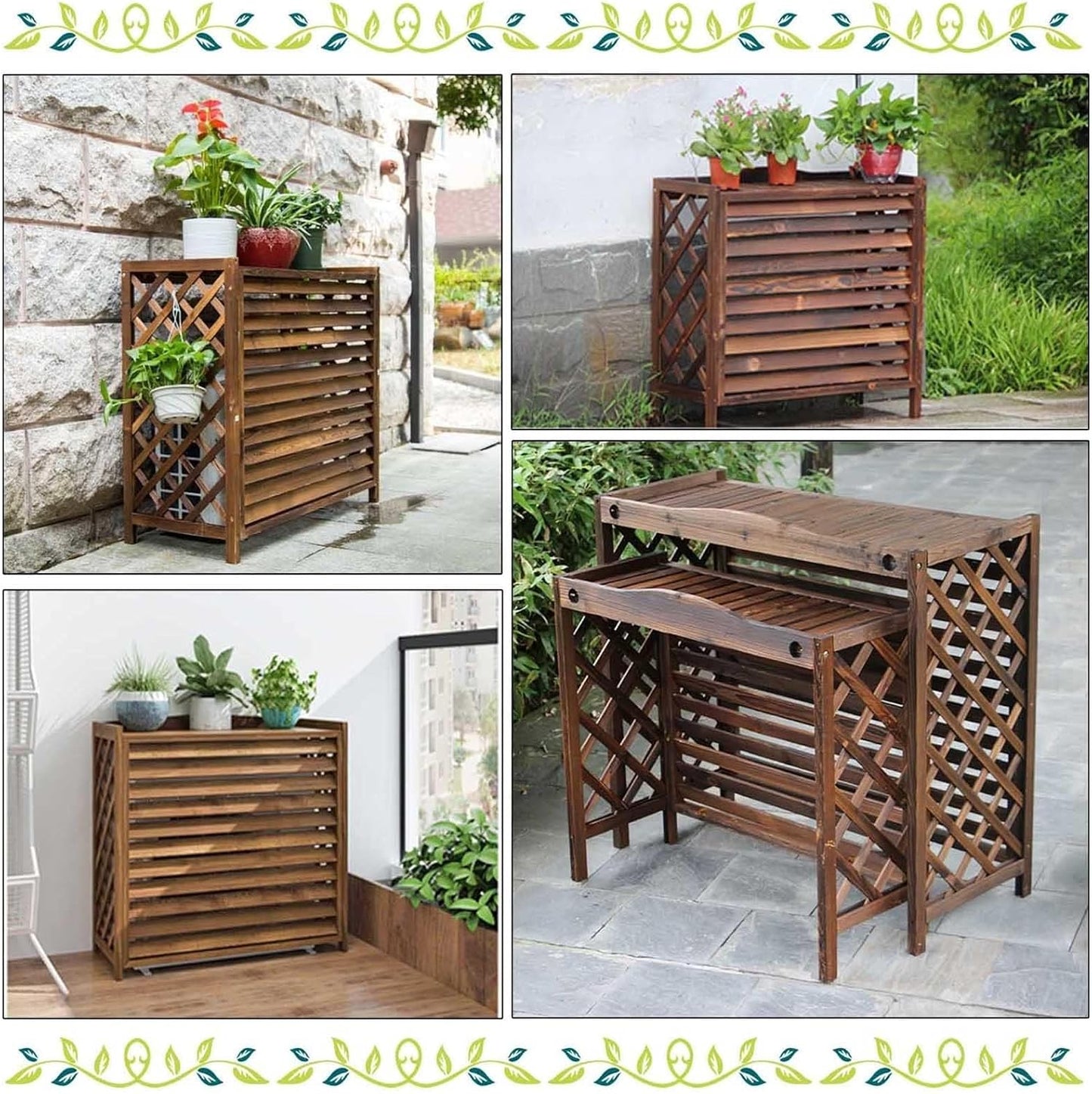  Housse De Climatiseur Extérieur En Bois, Condenseur Extérieur à Persiennes, Support Pour Plantes Marron, Boîtier De Poubelle Dissimulé, Facile à Installer