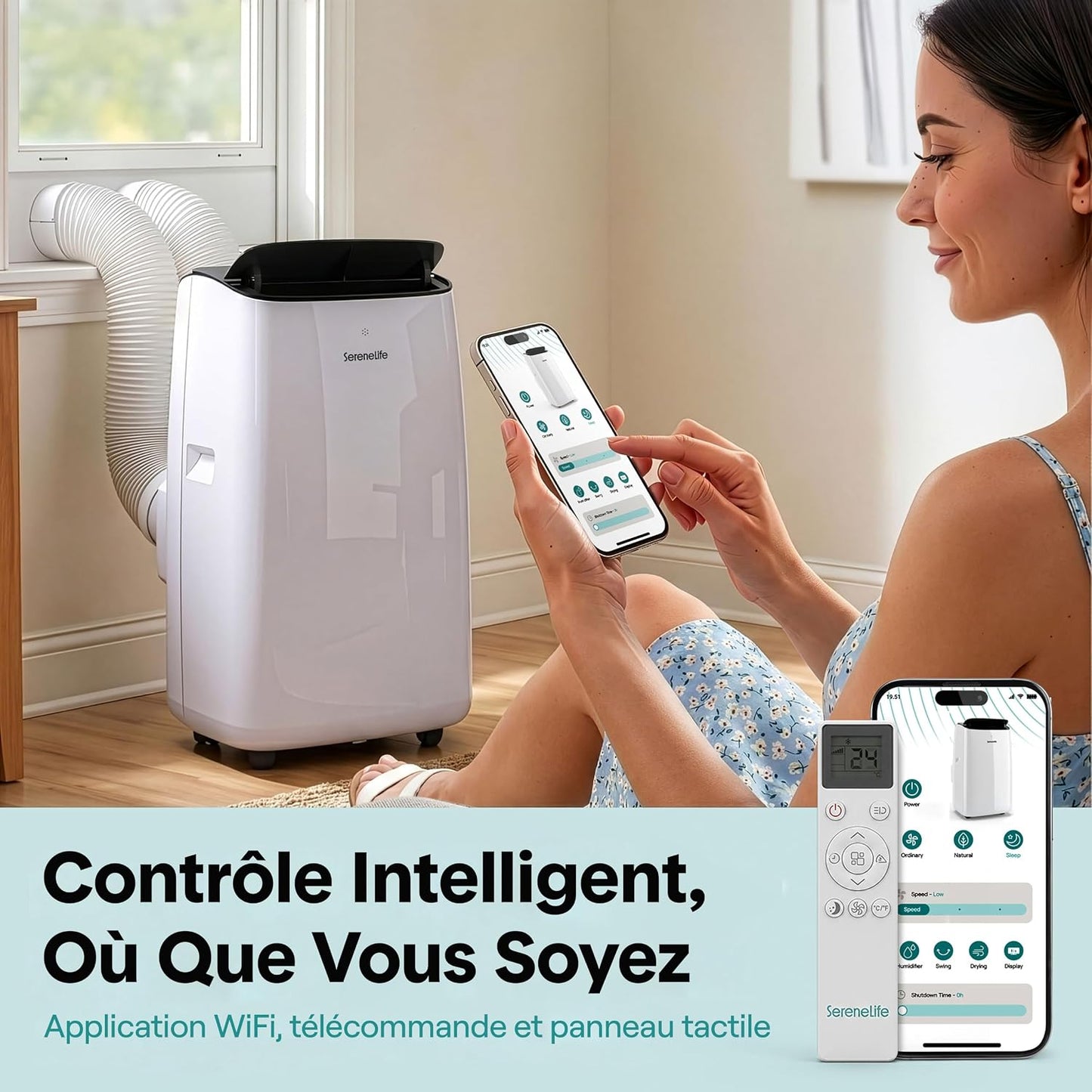  SereneLife Climatiseur Mobile Inverter A+++ 12000 BTU Double Tuyau – 4 En 1 Refroidissement Chauffage Déshumidification Ventilation, Auto-Swing, WiFi, Ultra Silencieux 44 à 49 DB Avec Kit Fenêtre