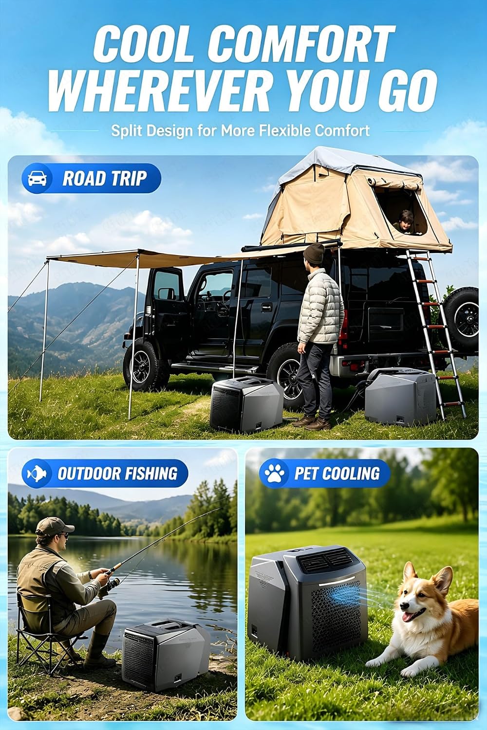  Climatiseur Portable Camping, Climatiseur Mobile Split, 6200 BTU, 550W Énergie Éco, Fonction Sans Vidange, Reglable 16-32℃, 4 Modes, Compact Avec Poignée Pour Tente, Caravane, Van Life