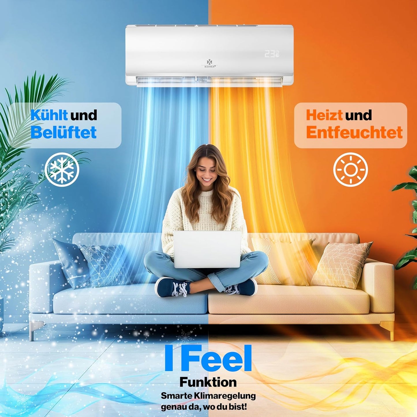  KESSER® Climatiseur SET Split – Wi-Fi/application – Refroidissement A++/chauffage A+ – Réfrigérant R32 – Télécommande, Matériel De Montage 9 000 BTU/h (2 600 Watts) Blanc [Classe énergétique A++]