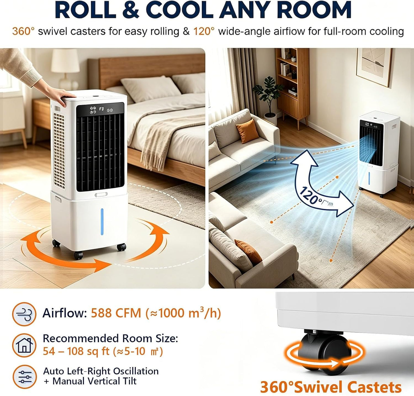 GENERIC Ventilateur De Refroidissement Par évaporation Avec 3 Vitesses, 3 Modes De Vent Et Oscillation à 120 °, Refroidisseur D'air Par évaporation 3 En 1, Réservoir D'eau De 12 L
