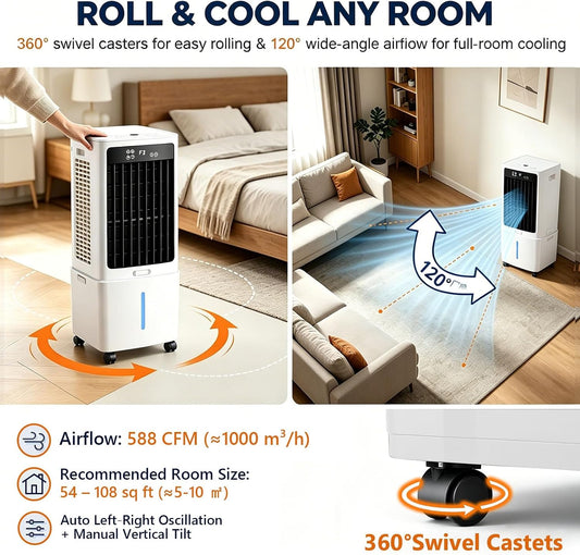 GENERIC Ventilateur De Refroidissement Par évaporation Avec 3 Vitesses, 3 Modes De Vent Et Oscillation à 120 °, Refroidisseur D'air Par évaporation 3 En 1, Réservoir D'eau De 12 L