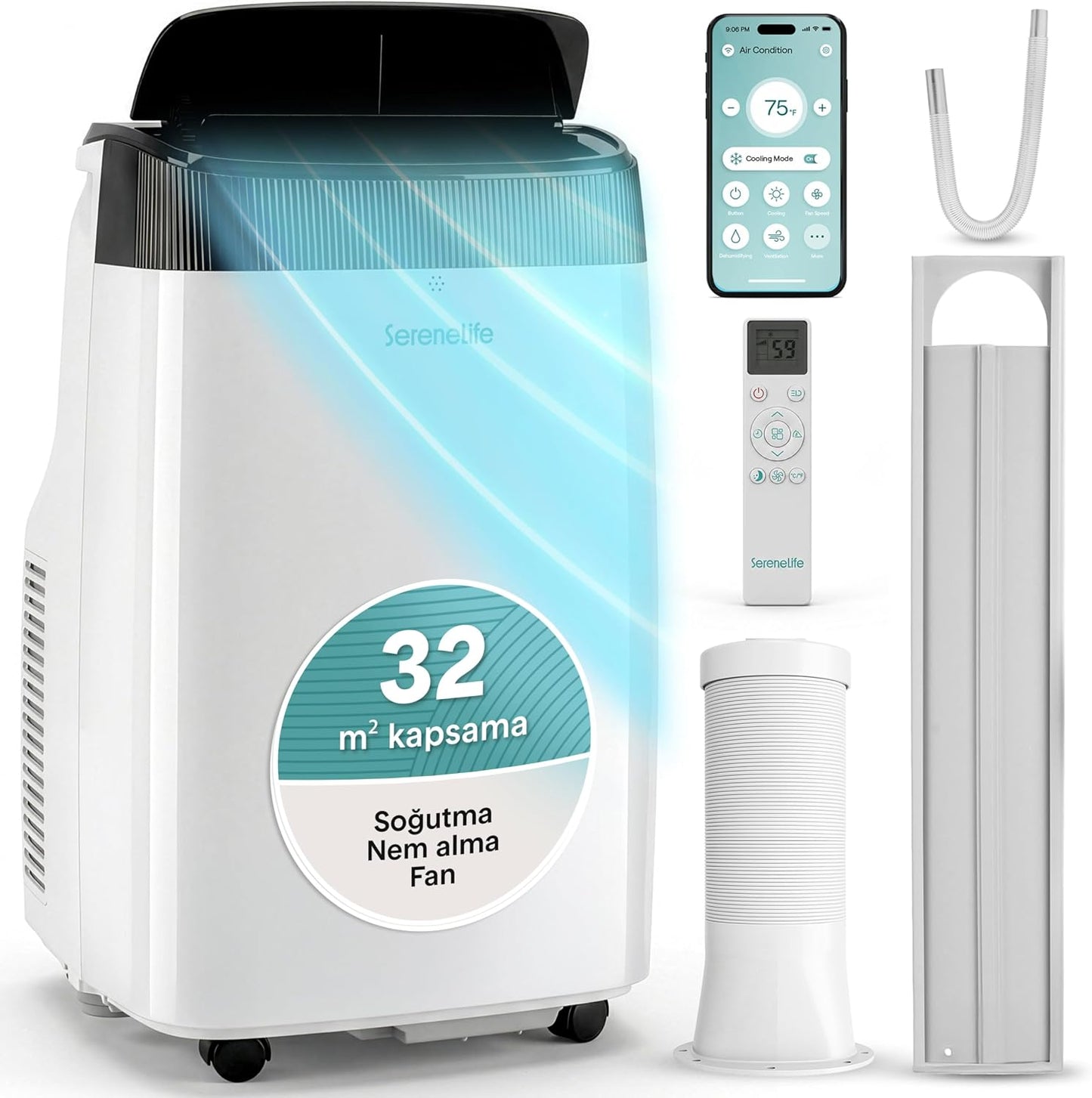  SereneLife Climatiseur Avec Tuyau D'évacuation - Mobile - Wi-Fi 14000 BTU - 3 En 1 - Refroidissement Et Déshumidification - Climatiseur Avec Kit De Fenêtre - Affichage LED - Mode Silencieux Et Veille