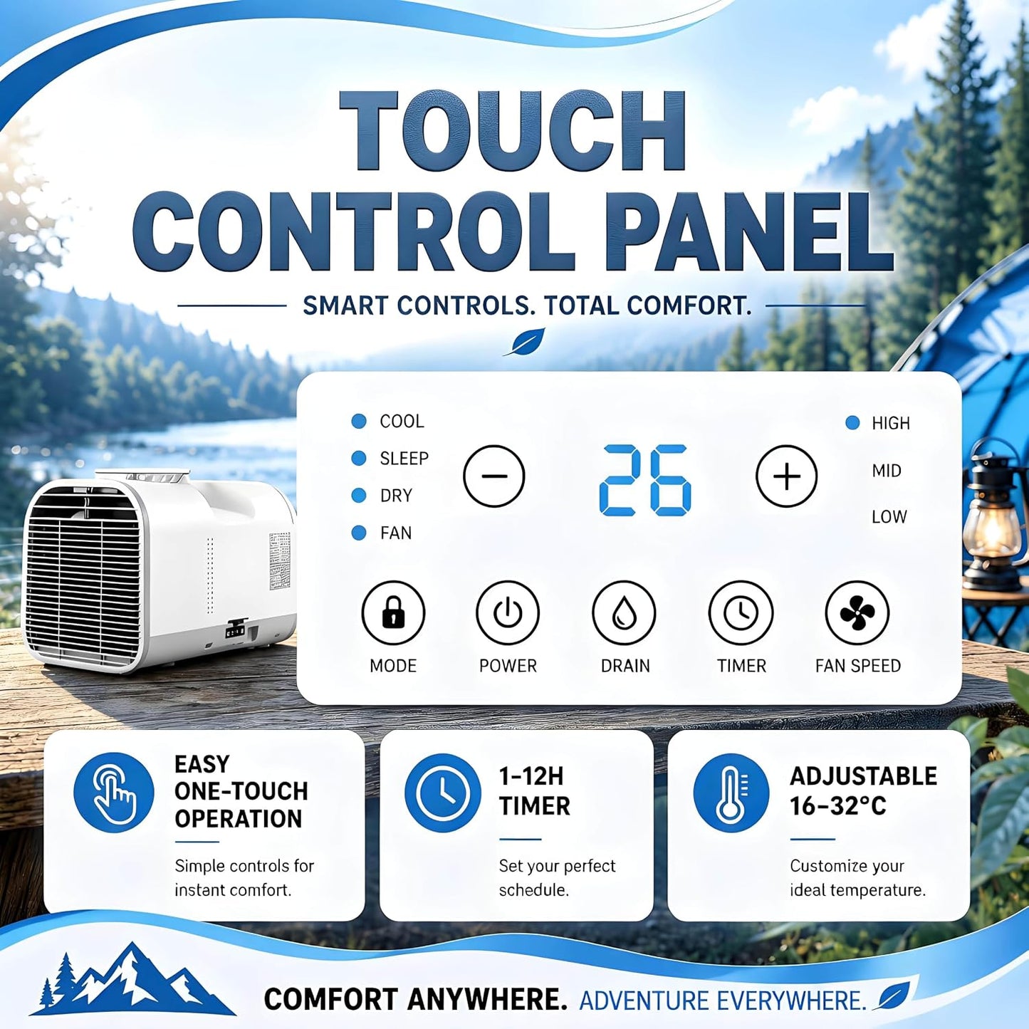  Climatiseur De Caravane Portable, Climatiseur De Camping 5100 BTU Pour Tentes, Basse Consommation 400W Refroidissement 1500W Pour Camping-Car Et Van, Climatiseur 4 En 1 Avec Tuyau V1