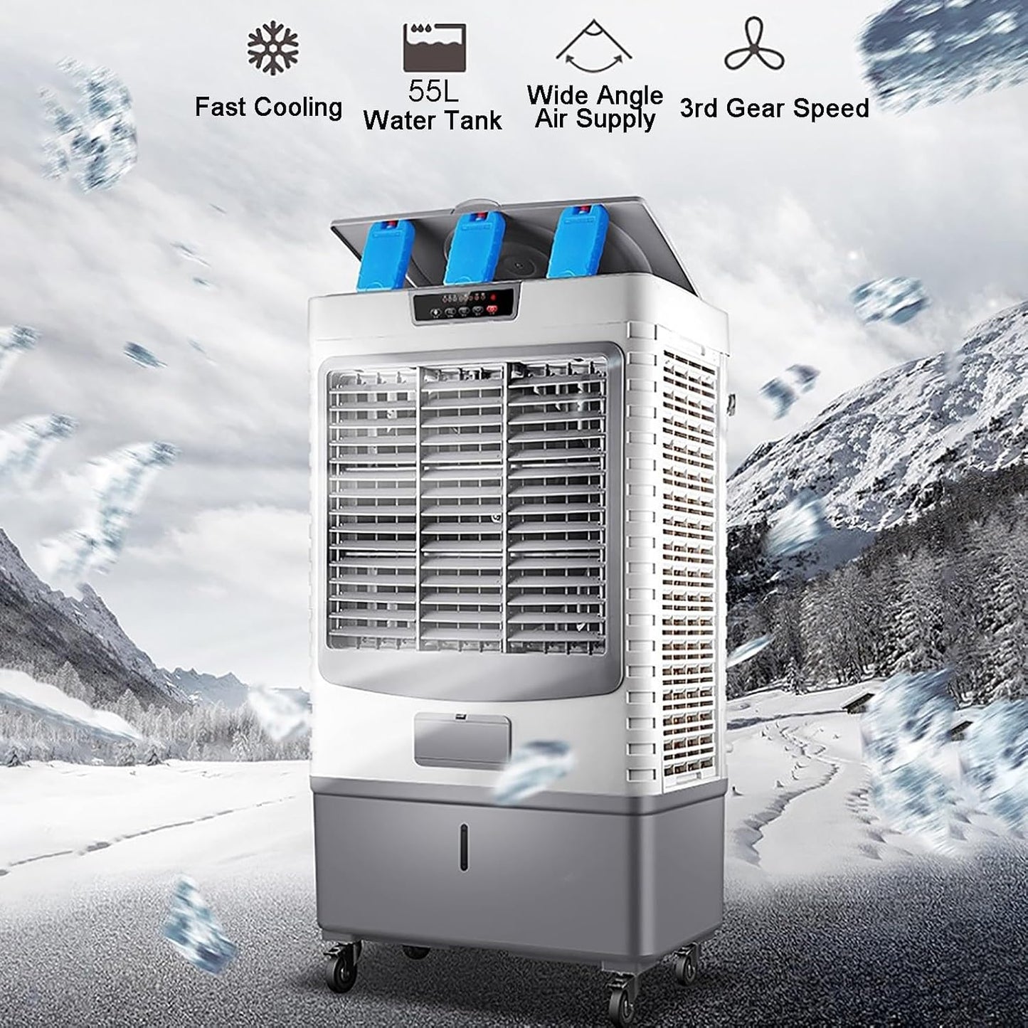 GENERIC Refroidisseur D'évaporation Portable 55L Réservoir 3 Vitesses Ventilateur Oscillant Rideau De Glace Humidifier Purificateur D'air Pour Le Bureau à Domicile Salon Garage 160W Dispositif De Refroidissem